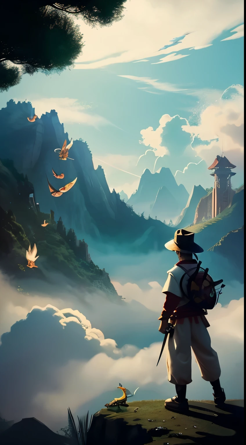 chinesedragon, dragon, letterboxed, holding, outdoors, bird, standing, cloud, 1boy, weapon, from behind, sky, cloudy sky, animal, holding weapon, eastern dragon, monster, 1other, hat, fog