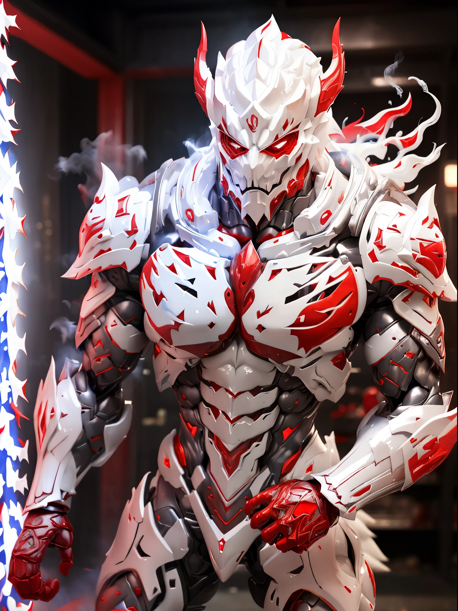 Ghost face, (red, white:1.5), DRAGON HEAD, HEAVY CRYSTAL ARMOR, TRANSPARANT, MUSCLE BODY, MUSCLE ABS, colourful smoke