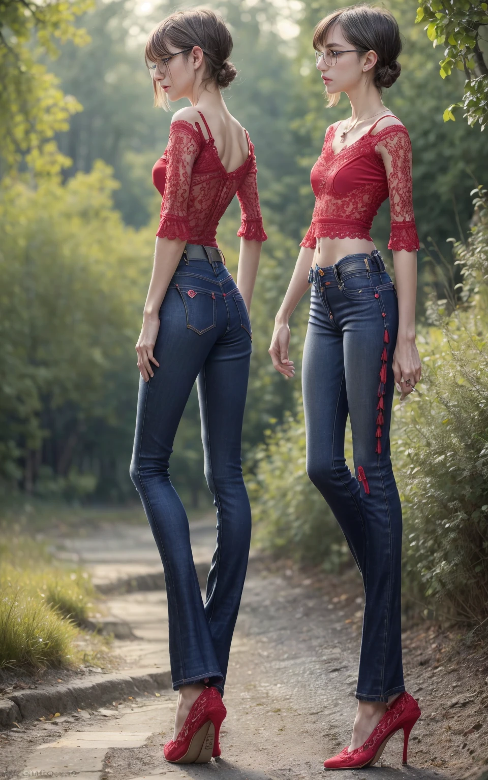(8K, Masterpiece, RAW photo, Best quality, detail:1.3), (ultra realistic Natural background, scenary:1.5), Depth of field, Cinematic light, (ultra realistic face), (1 picture of 1 solo girl Airim Jones:1.6), 1girl, (Beautiful and elegant Russian girl), (skinny girl with glasses), (European face:1.3), (perfect complete full body:1.6), (full body shot including shoes:1.6), (perfect [frontal view|side profile|back profile]:1.5), (small necklace, collarbone:1.1), ( [bangs|pigtails|bob|pixie] hair:1.5), (ultra detailed skin:1.4), (sexy red minitop:1.5), (soft fabric miniTop:1.5), (Lace trim Jeans:1.7), (perfect standing pose:1.5), (perfect long legs:1.3), (low rise jeans:1.5), (low waisted jeans:1.5), (perfect shoes:1.5), (perfect feet:1.5)