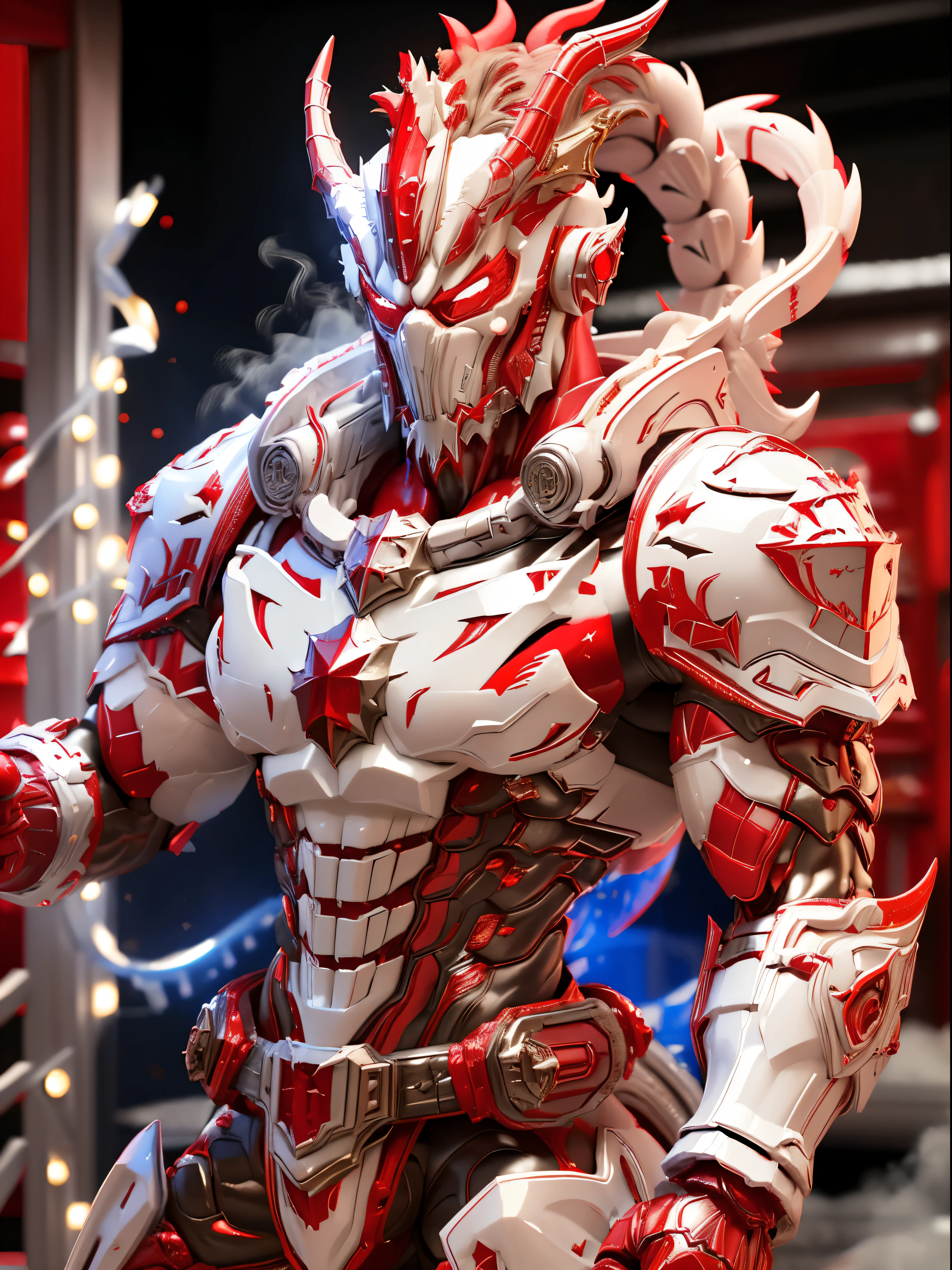 Santa Clause, (red, white:1.5), DRAGON HEAD, HEAVY CRYSTAL ARMOR, TRANSPARANT, MUSCLE BODY, MUSCLE ABS, colourful smoke