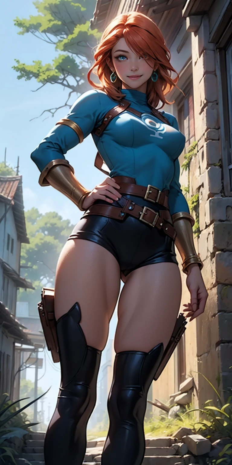 full body standing symmetrical beautiful woman, hyper realistic, 1girl, hands on hip, from below, (hair over one eye), perfect red eyes, (thick lips:1.3, slight smile:1), happy, horny, (blush:0.6), perfect lips, perfect face, ghibli style, Nausicaa \(Nausicaa\), 1girl, 30 y.o., armlet, bangs, orange hair, Nausicaa outfit, breasts, earrings, floating hair, forest, brown eyes, jewelry, looking at viewer, medium breasts, sea of decay crumbling buildings, outdoors, parted bangs, shirt, medium hair, solo, tree, upper body, blue shirt , steampunk, ((masterpiece)),