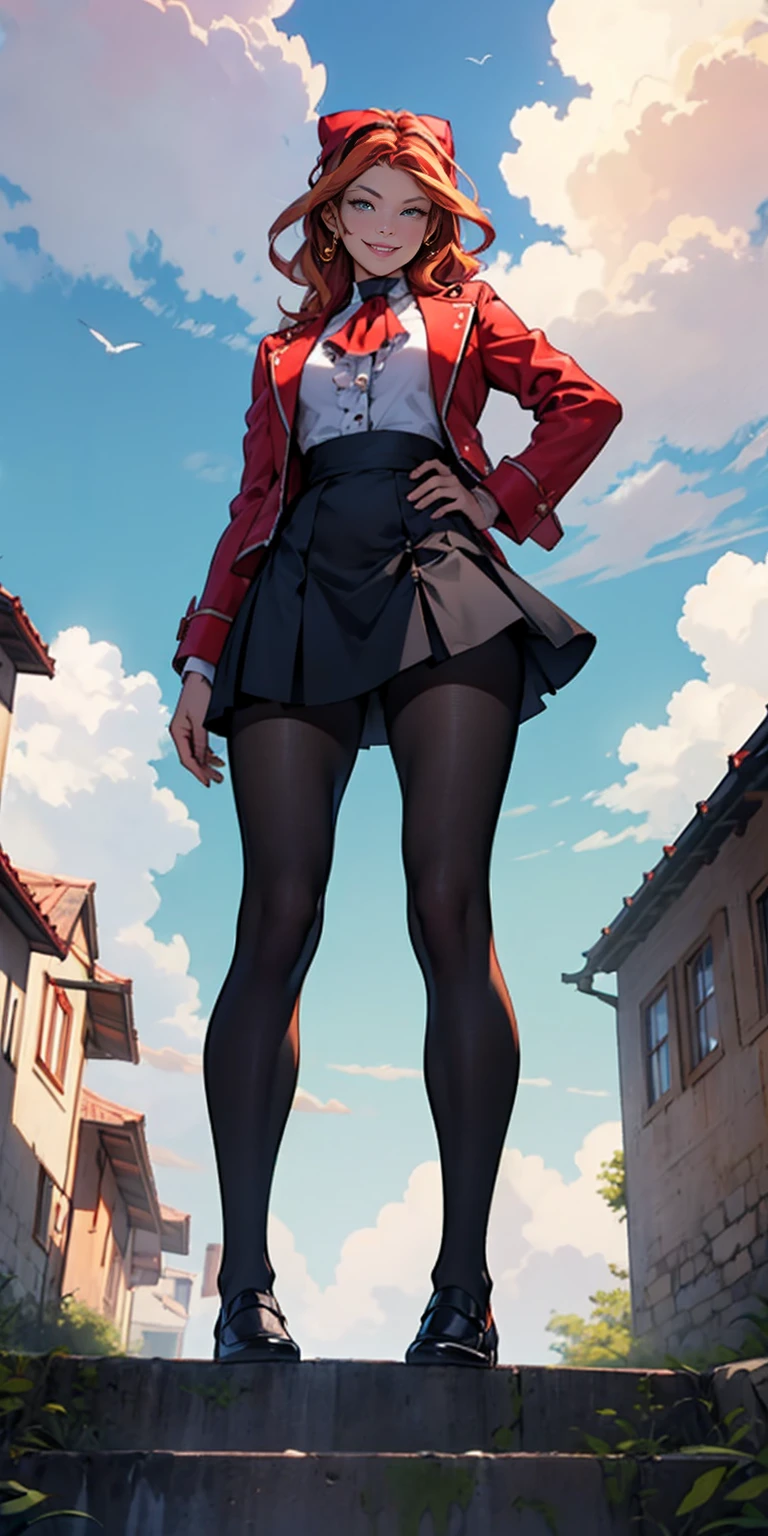masterpiece, best quality, full body standing straight symmetrical, sfkarin, hair bow, ascot, red jacket, long sleeves, frilled skirt, pantyhose, standing, looking at viewer, from below, looking at viewer, smug, smile, sky, clouds, thighs,