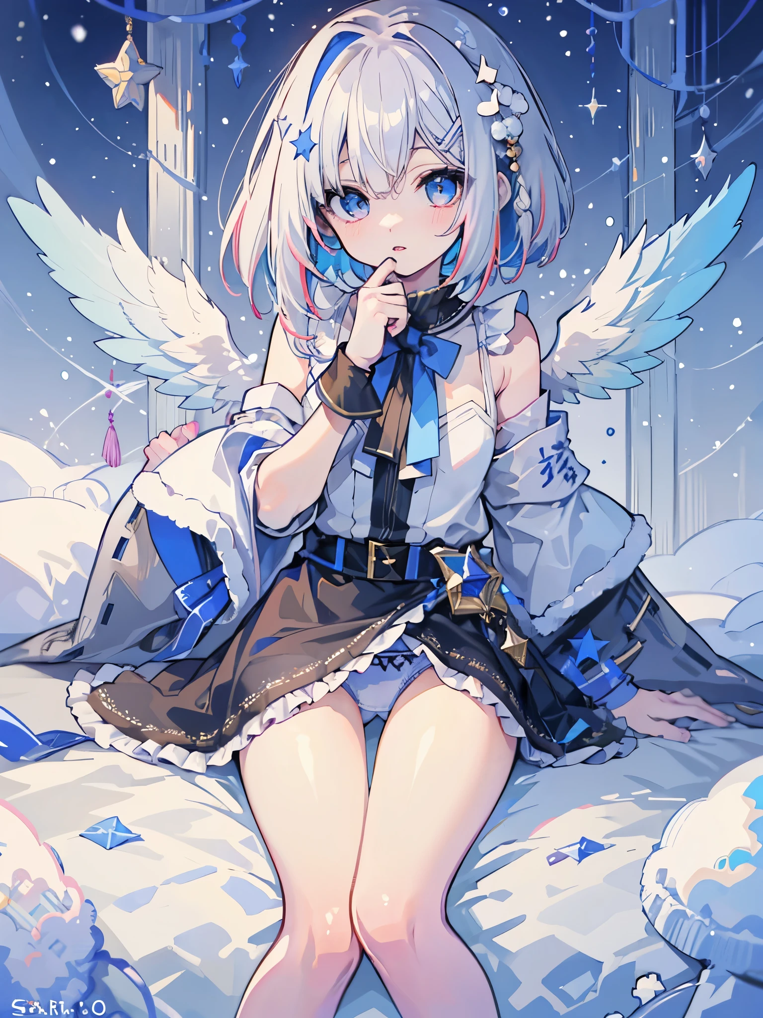 1人、white hair、blue eyes、short hair、fluffy and soft hair、moonlight、snowing、 santa clothes、Enchanted thighs、Pink lip、Sparkling eyes, underwear、wings,