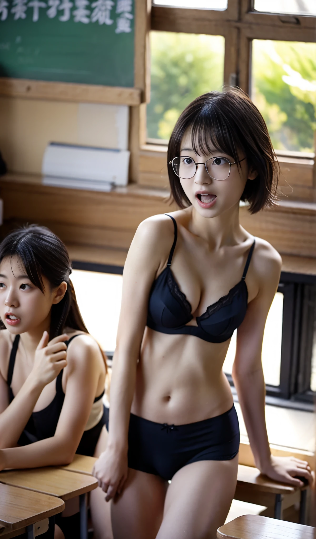 8K、Top image quality、masterpiece、夏天、Japanese high school girl meets her friends in the classroom。She shouted、Square glasses with black rimming、Silk underwear、a miniskirt、lowfers、a short bob、Backshots、Detailed eyes、facial close-up