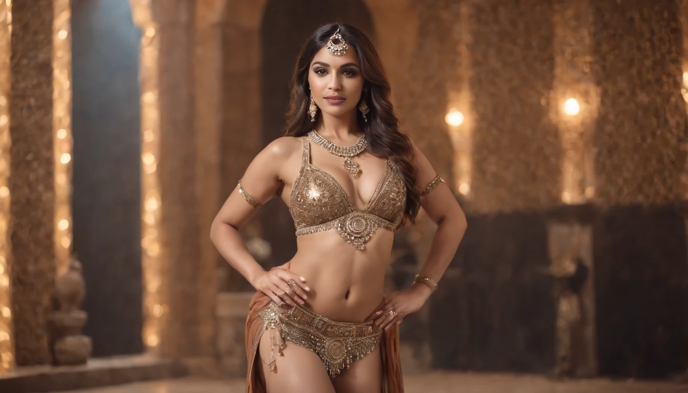 ((best quality: 4k)) 23 year old surreal Egyptian girl, professional dancer, wearing belly dance suit, dancing with hips,Curves in Influencer Mode, culona, selfie, hyper realistic, hot young dancer, Sexy look, Belly dancer , 8K, 4k, light brown skin, gym room, tight fit sexy dancing suit, ((master pease))