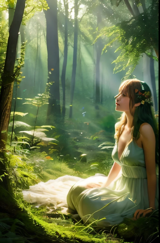 Best Quality, 4K, 8K, hight resolution, masterpiece, Ultra-detailed, Realistic, Cinematic lighting, Beautiful detailed glow,Light leak, amazing, Intricate details, Photorealistic, Green hair, birdseye view, A cute Japanese woman, Small breasts, There is a woman sitting in the forest with flowers in her hands, Dryads in the forest, goddess of the forest, enchanted with nature spirit, nature goddess, forest soul, Forest Dryad, nature goddess, inspired by Igor Kieryluk, forest fae, forest spirit, beautiful digital works of art, earth goddess mythology, Mother Nature, realistic fantasy illustration, "「whisper of green」A calm image depicting, A work depicting a woman named Anna waking up in a quiet forest bathed in morning light.. This scene is、It is necessary to depict Anna in a peaceful environment, Surrounded by lush greenery, The tree々whispering softly in the background. Feeling calm and meditative, Anna captures moments when she connects with the tranquility of nature.。, Reflecting the quiet whispers of the green forest."