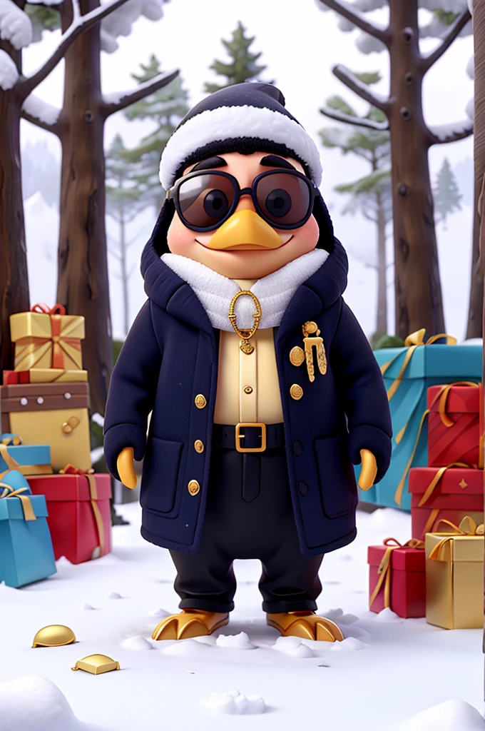 penguin wearing sunglasses and gold chain in the background a beautiful snowy forest surrounded by presents