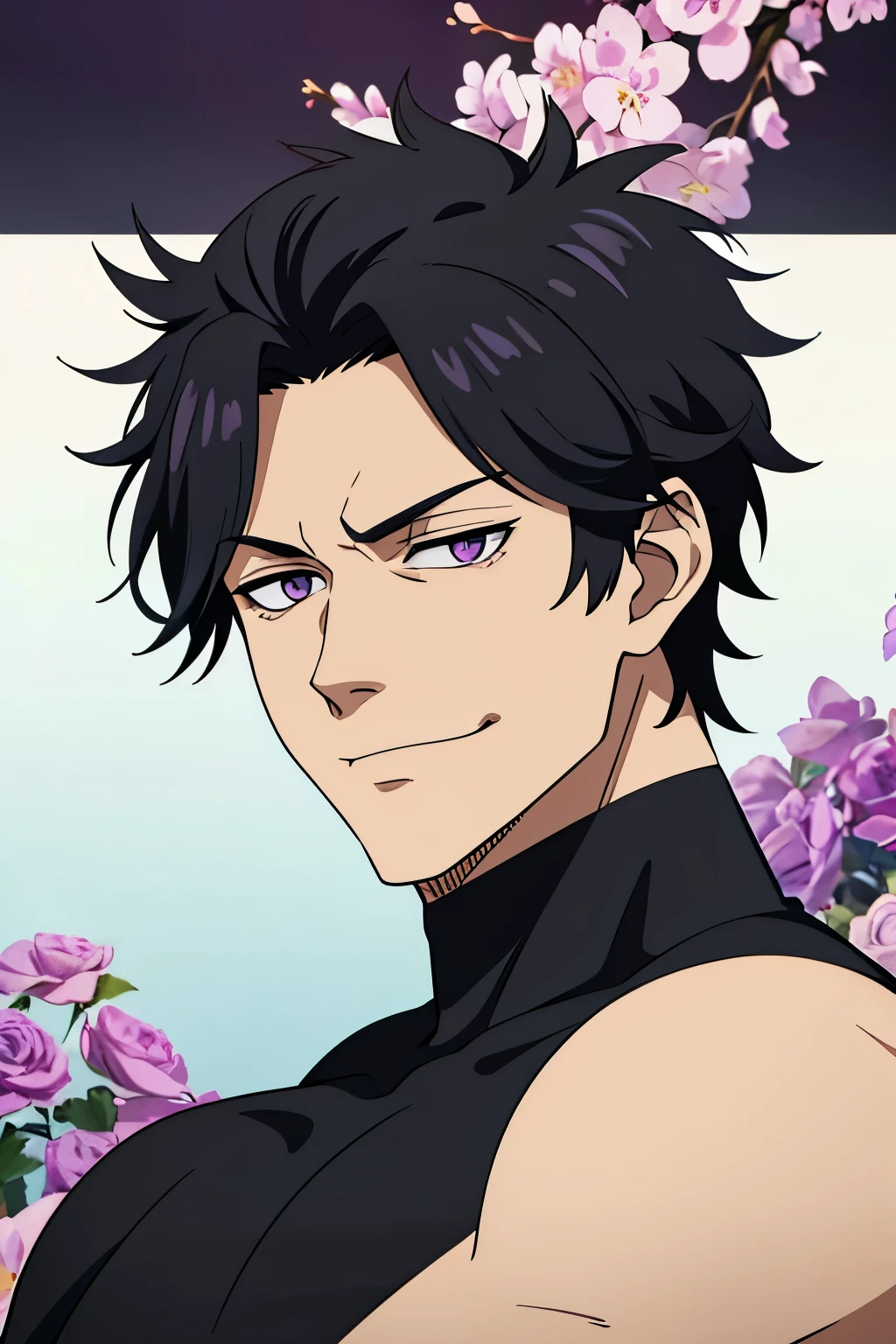 1boy, black hair, violet eyes, short haircut, center part hair, bangs, spiked hair, black turtle neck shirt, short sleeves, muscular male, smirk,