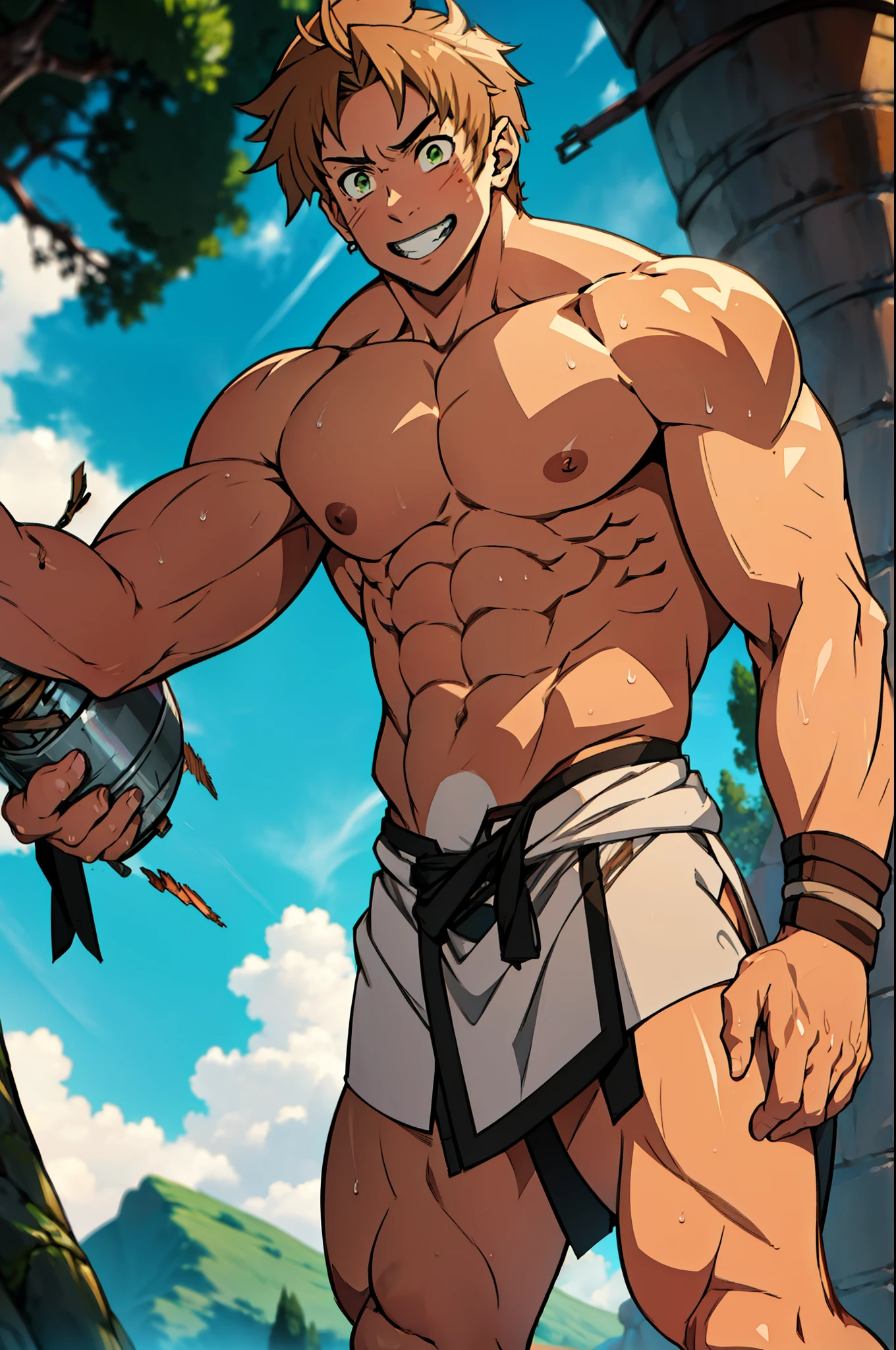 red skin, bright red skin, the boy blushed shyly , rosy skin, shiny skin(muscular thigh muscles )( anime style, art) (photo angle from bottom up) (photo angle from the ground upwards) [Anime photo][highest quality photo][4k,HD photo quality ] wear tight and short loincloths ,the loincloth bulges due to the erect male genitaluscular thigh muscles, firm thigh muscles, muscular thigh muscles, sinewy thigh muscles, giant thigh muscles, strong leg muscles, muscular hamstring leg muscles)(thigh muscles bulging as if about to explode, muscular, calloused, sinewy, giant) , Rudeus Greyrat,fun, happy,bodybuilder,bodybuilding, standing, lots of sweat flowing down, topless, shirtless, hot sunny, 8 pack abs , short hair , green eyes