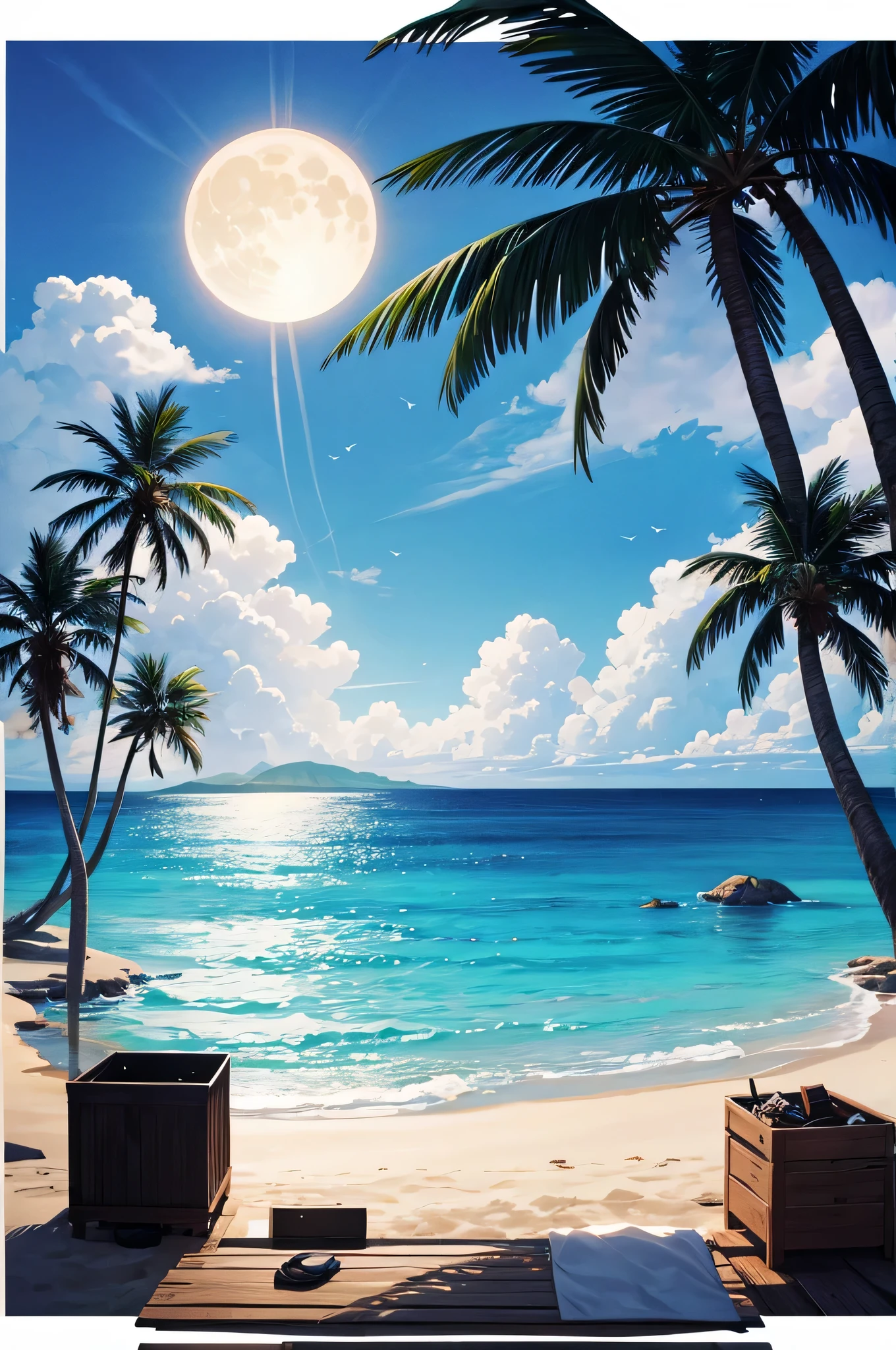 vector image of a beach with palm trees and a moon on the horison, and a yaut