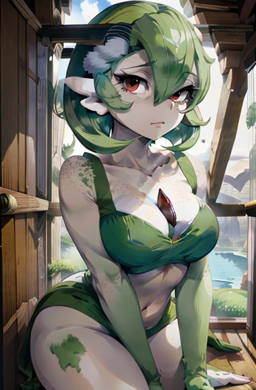 masterpiece, best quality, 1 girl, solo, gardevoir, green hair, red eyes, white dress, green skin, short hair, wide hips, thick thighs, huge round ass, medium breasts, dark circles, freckles, sad, squat poses, ultrasharp, 8K, masterpiece, looking at viewer
