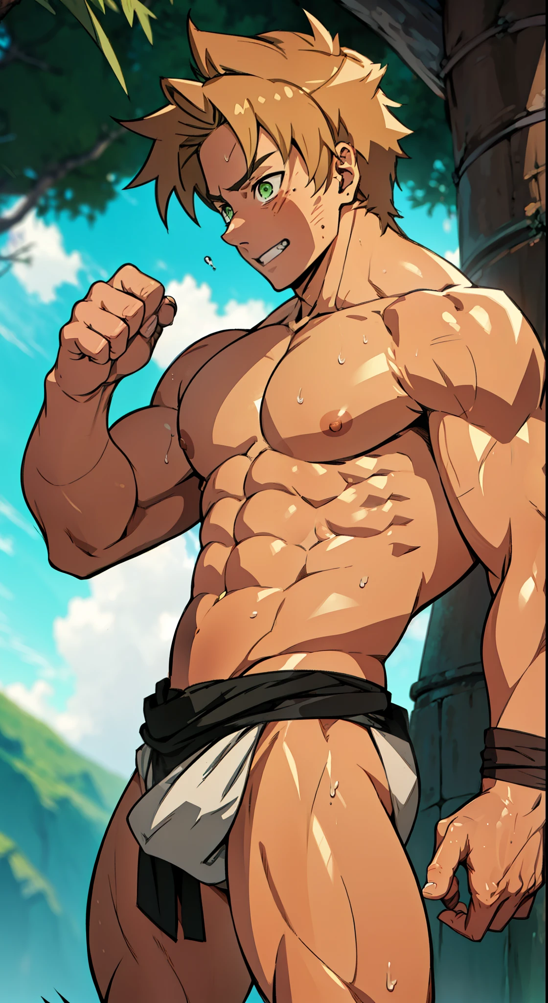 Shiny skin, Red skin, rosy skin, bright red skin, the boy blushed shyly, red face (muscular thigh muscles )(Naruto anime style, art) (photo angle from bottom up) (photo angle from the ground upwards) [Anime photo][highest quality photo][4k,HD photo quality ] wear tight and short loincloths ,the loincloth bulges due to the erect male genitals (muscular thigh muscles, firm thigh muscles, muscular thigh muscles, sinewy thigh muscles, giant thigh muscles, strong leg muscles, muscular hamstring leg muscles)(thigh muscles bulging as if about to explode, muscular, calloused, sinewy, giant) , Rudeus Greyrat, shy, pensive, tired,boy is tightening his abdominal muscles, bodybuilder,bodybuilding, standing, lots of sweat flowing down, topless, shirtless, hot sunny, 8 pack abs , short hair , green eyes