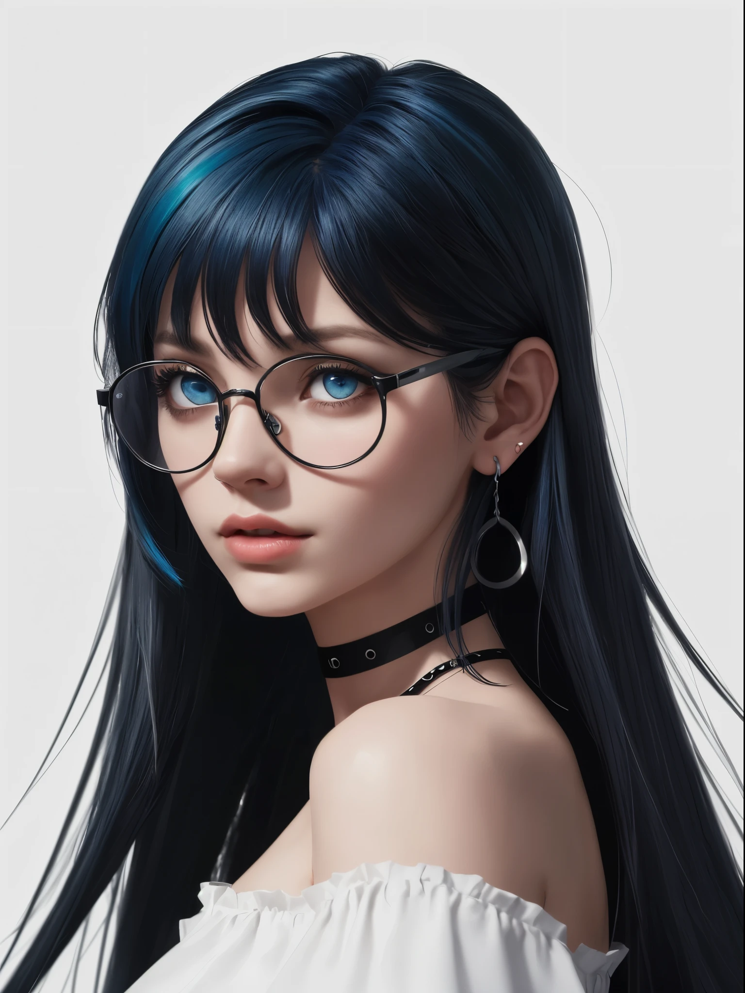 8k wallpaper, masterpiece, movie lighting, best quality, illustration, dramatic angle, ((color: 1.1)), ((color inner hair: 1.4)), 1girl, solo, long hair, water, blue eyes, black glasses, choker, parted lips, white choker, liquid hair, black hair, bangs, from side, side, upper body, simple background, gray background, bare shoulders, portrait, looking at the audience, white dress, hair between eyes, white background, earrings,