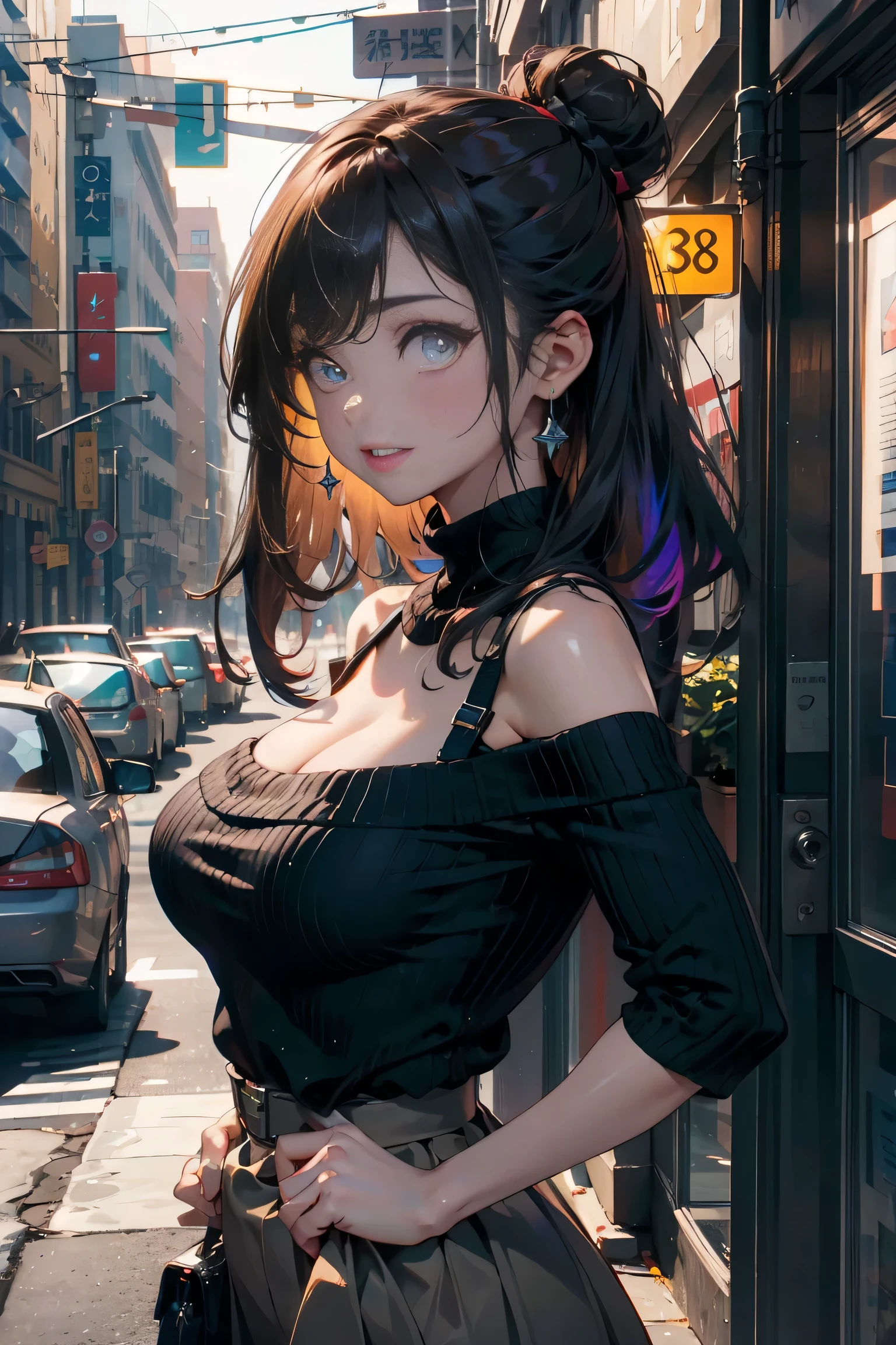 a 20 yo woman、Black and blue hair、pony tails、hair-bun、Hefty Smile、iridescent eye fade:1.3)、Dark theme、mute、pastelcolor、hight contrast、(Natural skin texture、ultra-realistic realism、softlighting、Sharp)、8K、masterpiece、 top-quality、超k hd、最A high resolution、The is very detailed、Background with、Modern age city、skyscrapper、main street、profesional lighting、电影灯光、Extremely detailed CG、at the street side、holographic signal、sigature、Great view、Sharp Noor&#39;body posture、Focus from behind、Turning Pose、White-skinned、Beutiful women、23years old、(詳細な目、almond eyerown right pupil、Gradient eyes:1、Delicate and beautiful eyes:1、symetrical eyes:1、There is a big bright spot on the eye:1.2)、(red brown hair、bob hair、Left and right non-target hairs are messy.)、(long  skirt、With a belt、long court、off-shoulder sweater 、beiges、hand knitted scarf)、Beautiful long and thin buttocks line、Beautiful spine、Contract your back、toned waist、Emphasize hip line、The cheeks are a little red、Beautiful udder、The breasts are A-cups) 、(with a round face: 1.4)、(delicate finger、detailed arms、detailed human hands)、half laugh、Teeth are exposed、Beautiful hip line,Off-the-shoulder clothing,Emphasize cleavage, sexy for, gigantic cleavage breasts,Emphasize the hips backward,Detailed hands, 5 fingers, The right people, 詳細な目,ctextured skin, super detailing, high detal, high qulity, Award-Awarded, top-quality, A high resolution, 1080p, k hd, 4K, 8K, 16k