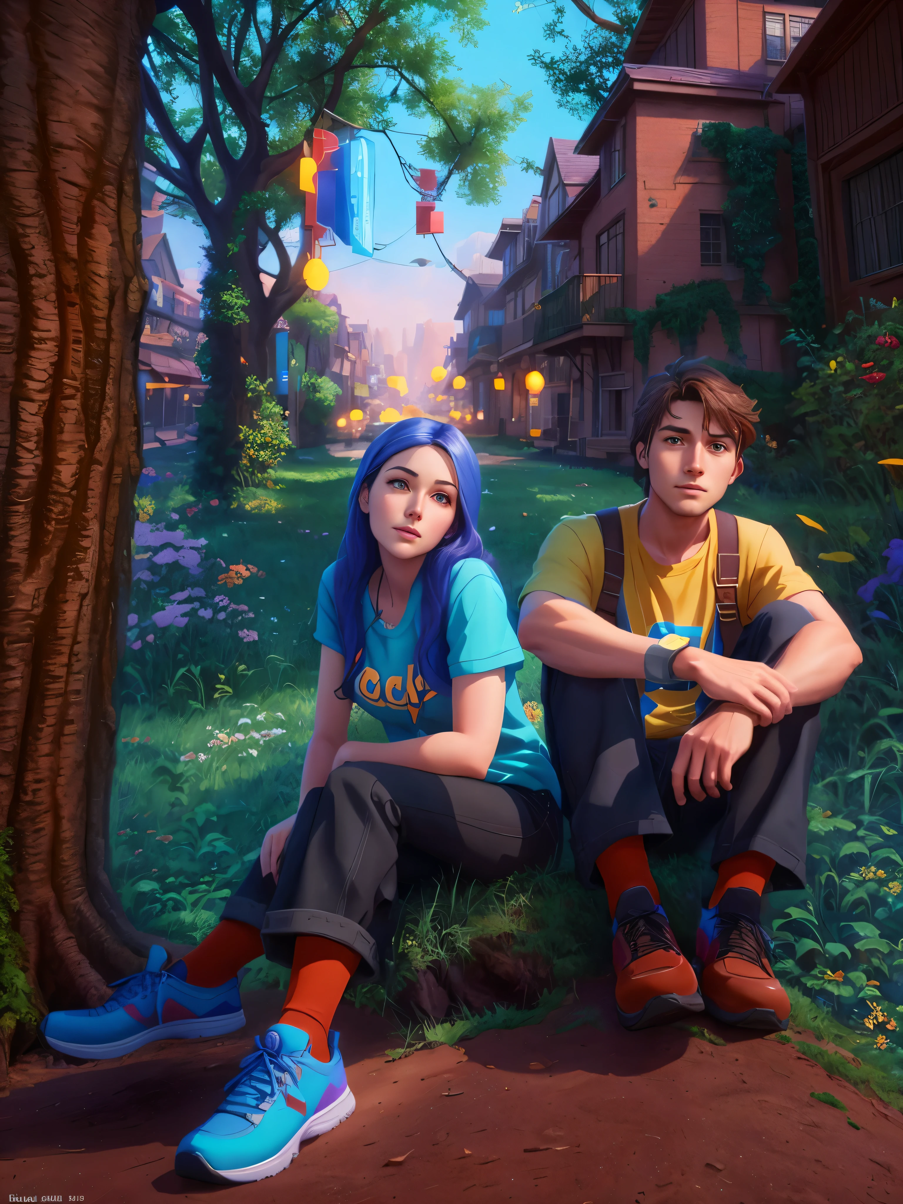 young couple sitting on the ground in front of a tree, rhads and lois van baarle, beeple and stylized fantasy artwork, animated film stills, renderings, photorealistic, animated films, close-up full body shots, animated film stills, official art , realistic photos, animated film stills , promotional stills, animated stills, in animated style, detailed portrait images