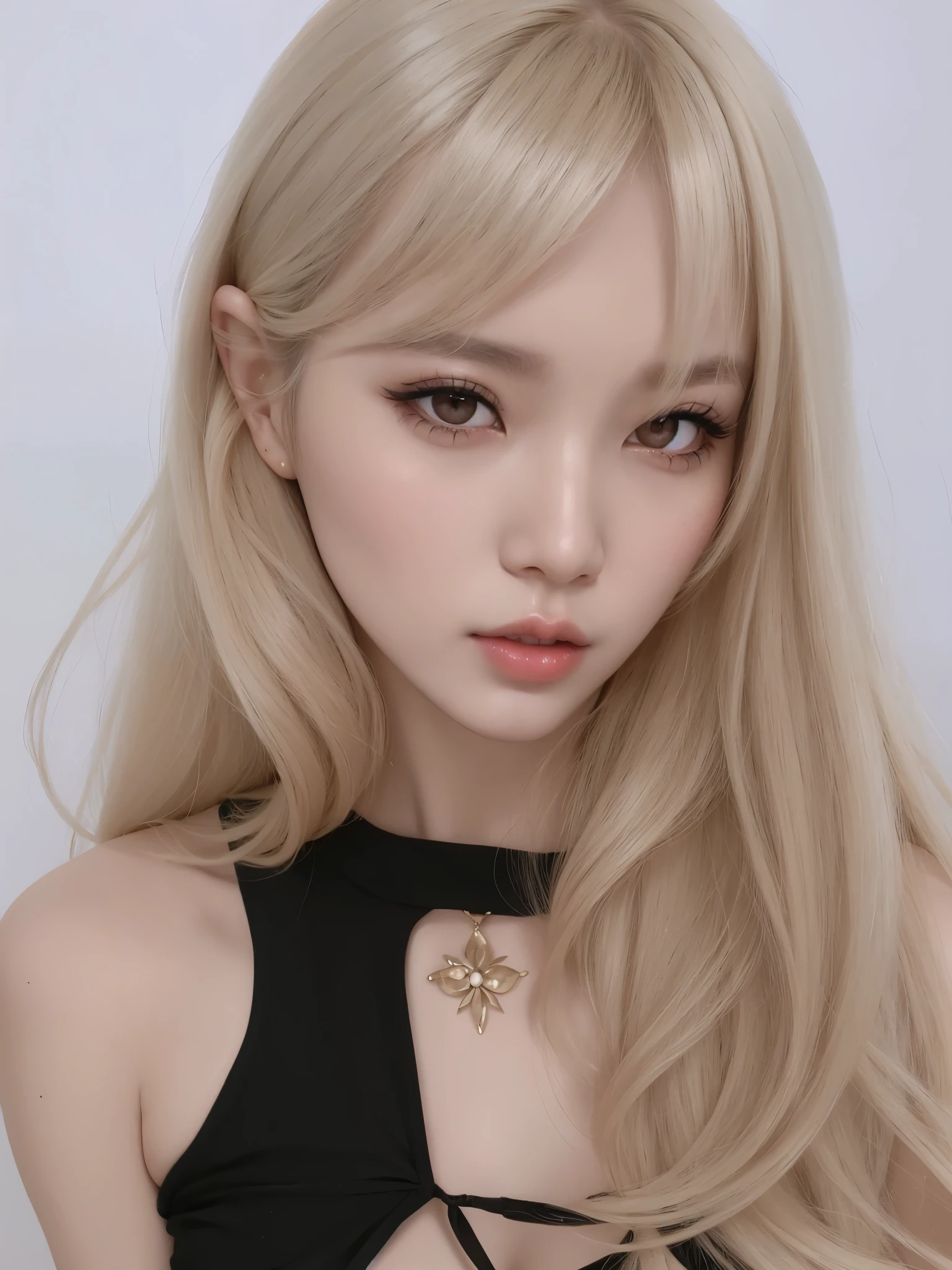 mulher coreana  de cabelos loiros com olhos azuis e um top preto, longos cabelos loiros e olhos grandes, cabelos loiros e olhos grandes, long cabelos loiros e olhos grandes, Ulzzang, extremely pale blond hair, com cabelos longos e olhos penetrantes, Asian girl, pale porcelain white skin, very very pale blond hair, Retrato de uma mulher coreana, pale fair skin!!