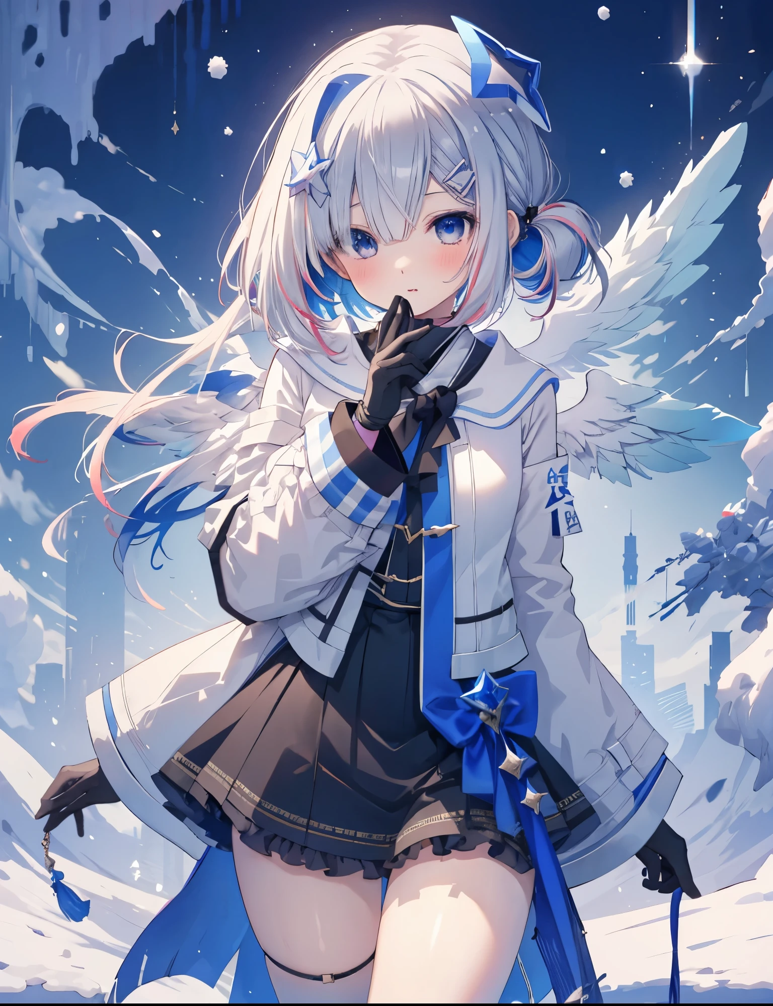 女の子1人、white  hair、blue eyes、short hair, snowing、 santa clothes、Enchanted thighs、Pink lip、Sparkling eyes、wings,