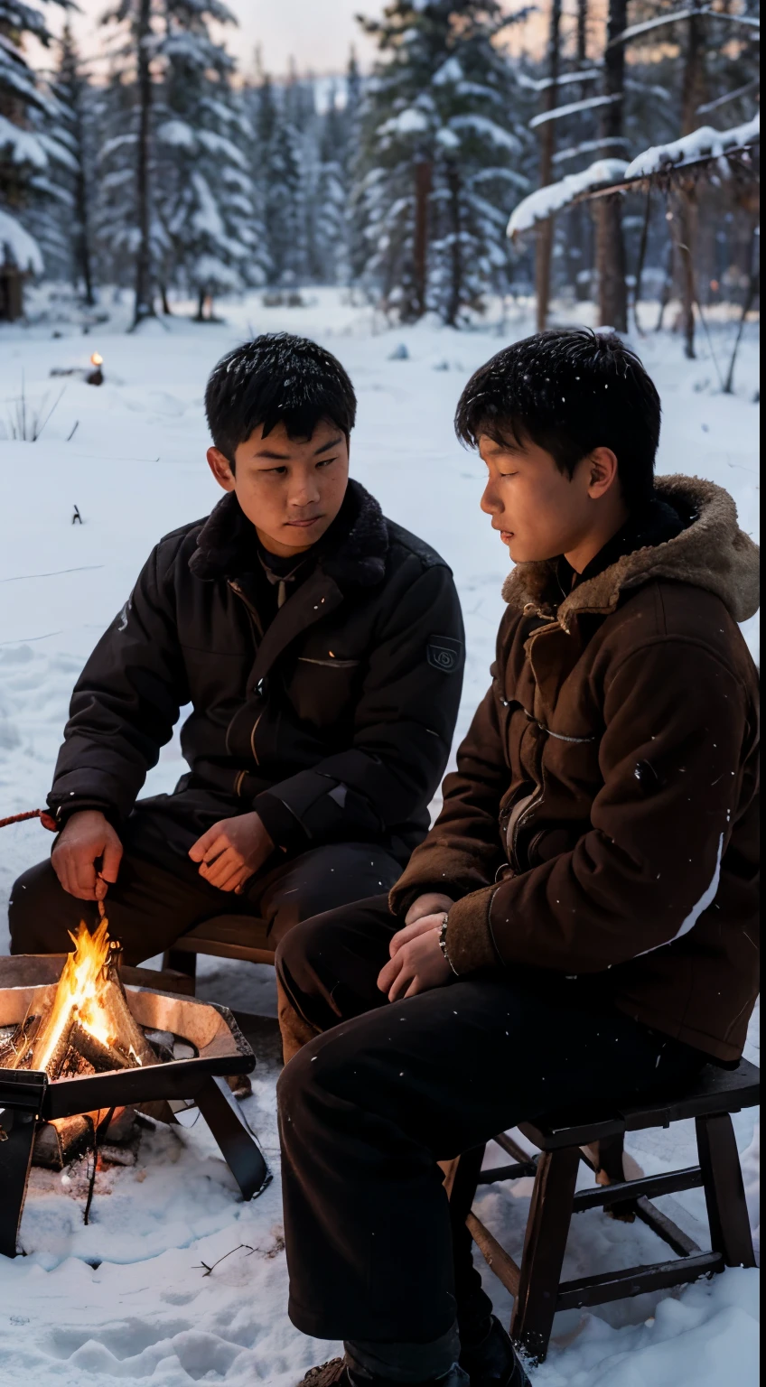 two mongolian boys sitting next to a lit campfire in the winter, in a dark snowy forest, looking at the fire, one of the boys is wearing a brown mongolian jacket, the other is wearing a black mongolian jacket and he has his hands tied with rope, best quality, high detail, best anatomy