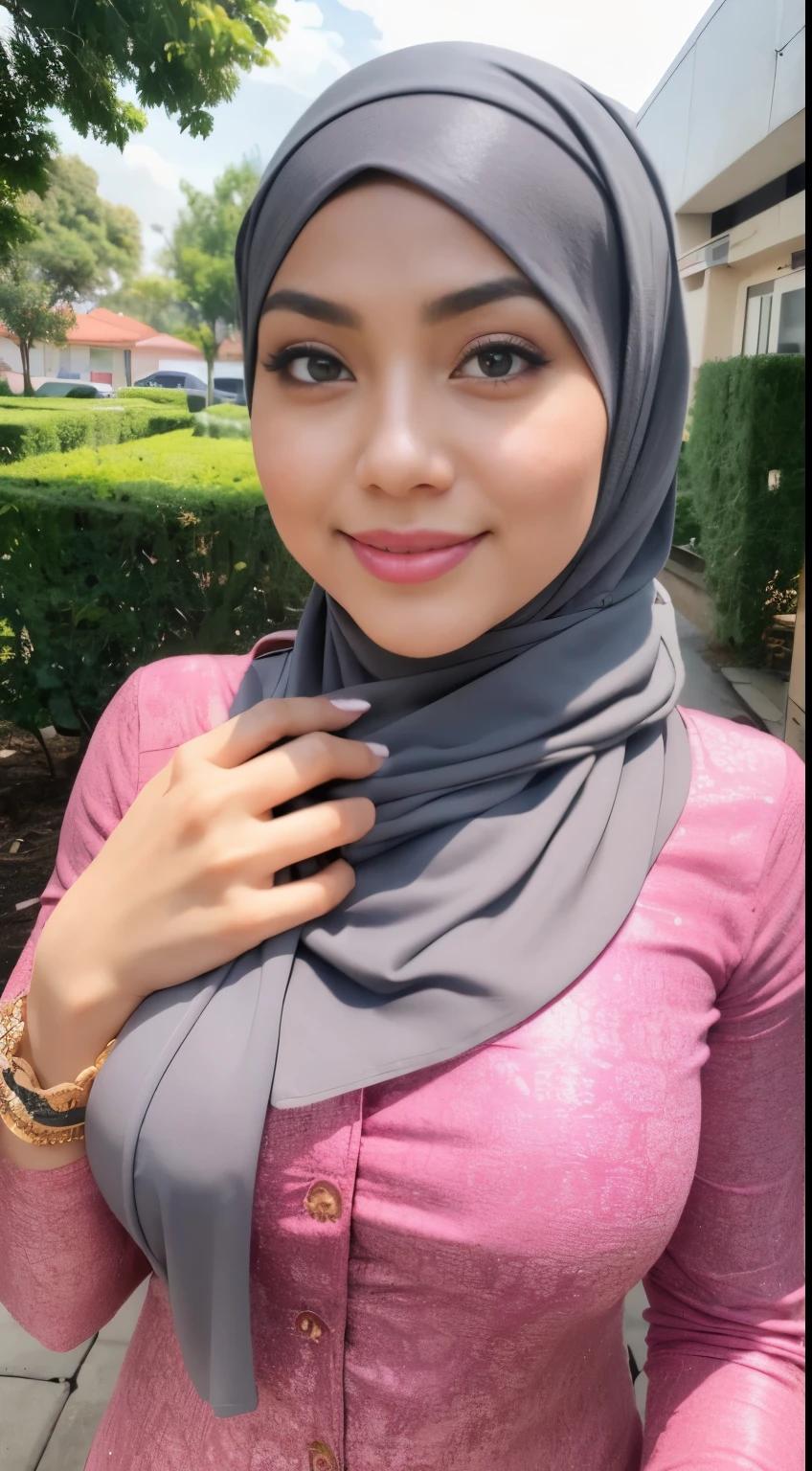 RAW, Best quality, high resolution, masterpiece: 1.3), beautiful Malay woman in hijab,Masterpiece, perfect  fit body, ((Huge breast)), errcted nipple,  biggorgeous eyes, Soft smile,muslim woman in a plain long sleeve shirt and hijab posing for a picture, hijab, with lovely look, with beautiful colors, with accurate face, pose 4 of 1 6, traditional beauty, batik, wearing beautiful clothes, beutifull, with beautiful exotic, attractive pose, cute pose, scarf, wearing plain chiton, very attractive , she is smiling,Delicate turtleneck, necklace, shairband, afternoon walk, City garden, Excellent lighting, Bright colors, Clean lines