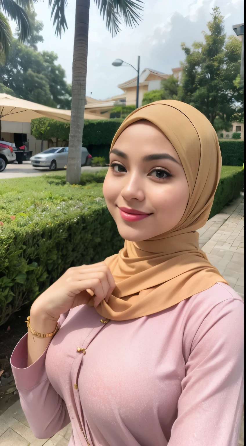 RAW, Best quality, high resolution, masterpiece: 1.3), beautiful Malay woman in hijab,Masterpiece, perfect fit body, ((Huge breast)), errcted nipple, biggorgeous eyes, Soft smile,muslim woman in a plain long sleeve shirt and hijab posing for a picture, hijab, with lovely look, with beautiful colors, with accurate face, pose 4 of 1 6, traditional beauty, batik, wearing beautiful clothes, beutifull, with beautiful exotic, attractive pose, cute pose, scarf, wearing plain chiton, very attractive , she is smiling,Delicate turtleneck, necklace, shairband, afternoon walk, City garden, Excellent lighting, Bright colors, Clean lines