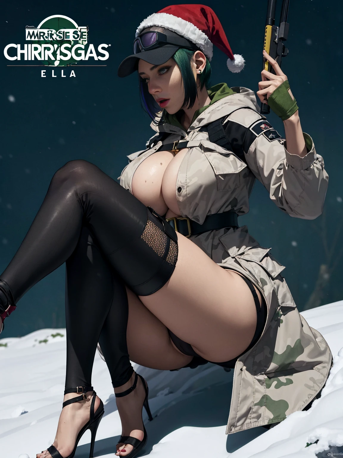 ela_(rainbow_six_siege), masterpiece, best quality, 1girl, camouflage, solo, green hair, cuerpo completo , grandes tetas, gran trasero, voluptuoso, piernas abiertas , pose sexy , escote , Christmas hat , Christmas Clothes, nieve , christmas lingerie, christmas coat , christmas stockings , christmas heels