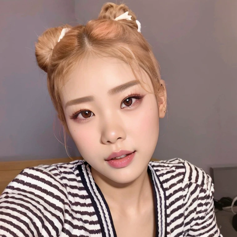 a close-up of a person with a bun on a bed, Foto de perfil de la foto de cabeza, tan adorable cara coreana, Park Roseanne de Blackpink, maquillaje popular de Corea del Sur, two peinado de coletas, peinado de coletas, maquillaje coreano popular, Chica coreana, pelo corto de coletas, Shikamimi, Sakimichan, Joven y adorable rostro coreano, Lalisa Manobal, Peinado kawaii