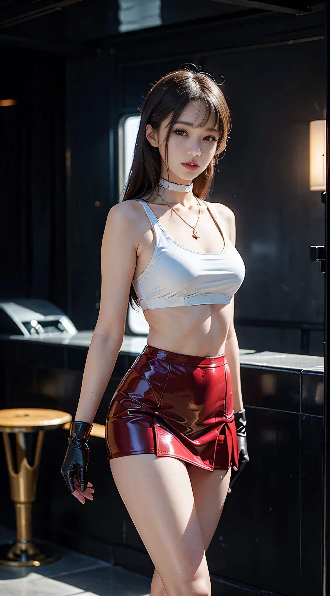 24-year-old woman、Hair color is brunette、Eye color is blue、Longhaire、wearing eye shadow and lipstick、A slender、a smile、Beautiful breasts、She's wearing a small T-shirt that shows her underboob.、My abs are cracked、I can see the navel、She's wearing a tight skirt with a deep slit.、I'm wearing lace-up sandals、on an old concrete wall、a smile、I have a ribbon in my hair