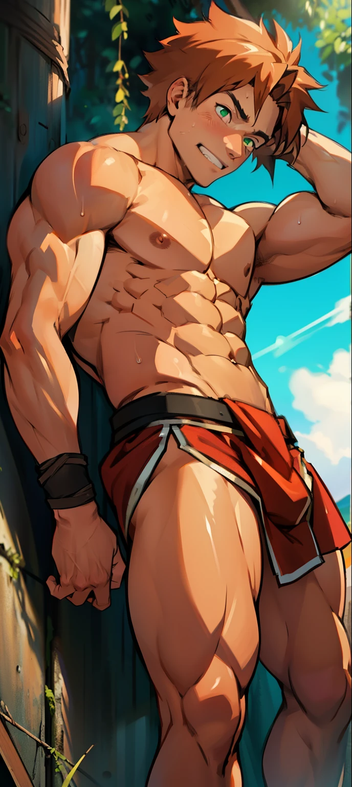 Shiny skin, Red skin, rosy skin, bright red skin, the boy blushed shyly, red face (muscular thigh muscles )(Naruto anime style, art) (photo angle from bottom up) (photo angle from the ground upwards) [Anime photo][highest quality photo][4k,HD photo quality ] wear tight and short loincloths ,the loincloth bulges due to the erect male genitals (muscular thigh muscles, firm thigh muscles, muscular thigh muscles, sinewy thigh muscles, giant thigh muscles, strong leg muscles, muscular hamstring leg muscles)(thigh muscles bulging as if about to explode, muscular, calloused, sinewy, giant) , Rudeus Greyrat, shy, pensive, tired,boy is tightening his abdominal muscles, bodybuilder,bodybuilding, standing, lots of sweat flowing down, topless, shirtless, hot sunny, 8 pack abs , short hair , green eyes