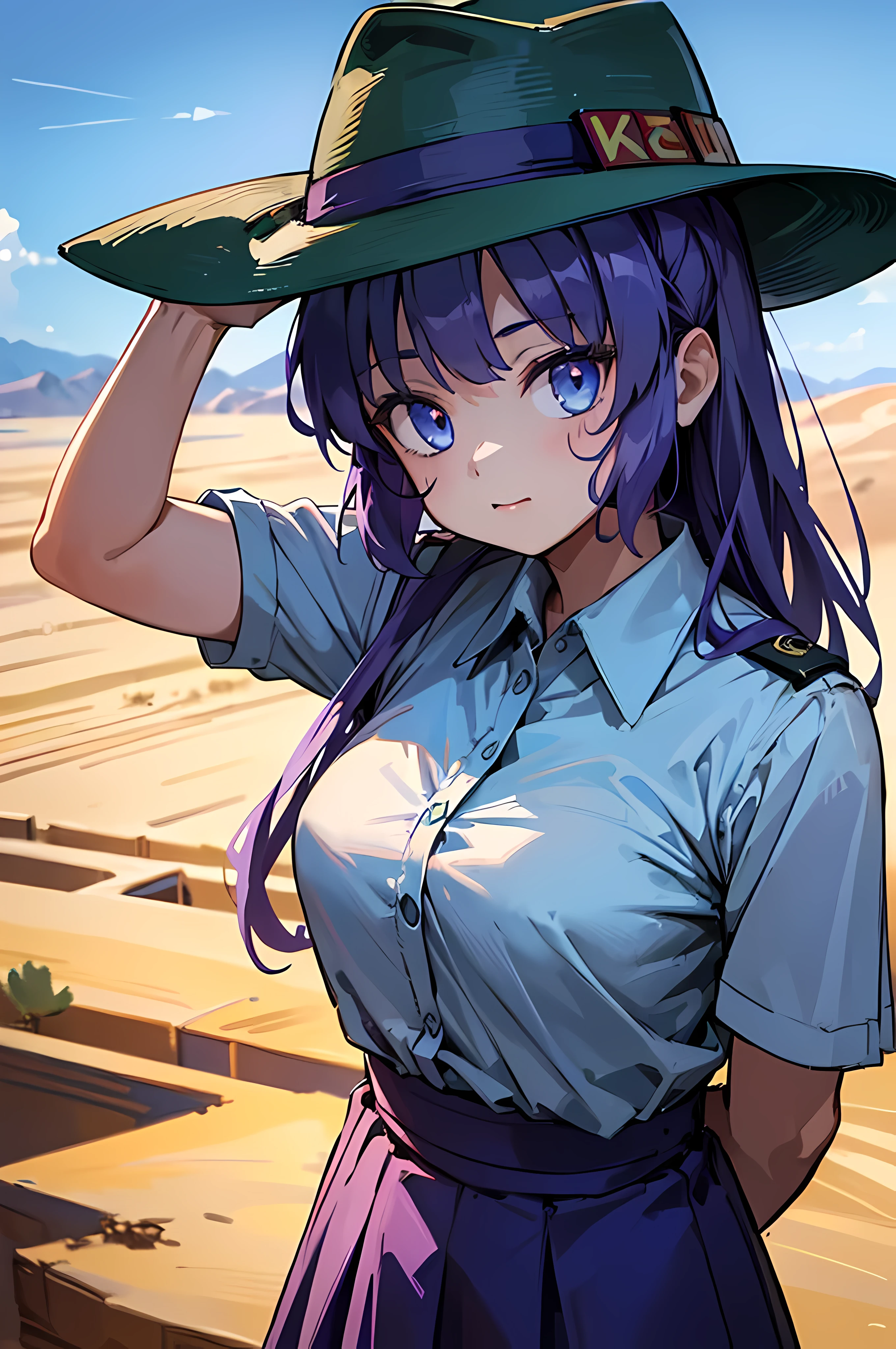 (8K Ultra High-Quality) (Masterpieces) (Image) (人物: Yuuka) 1 Girl, Blue eyes color's, purple hair, wearing Aussie WW1 Uniform, wearing Hat, background in desert, doing salute pose looking at viewer with shying face.