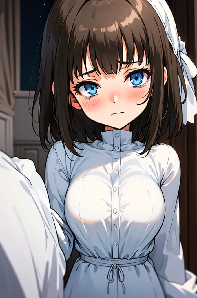 1girl, skinny, big breast, short brown hair, bangs, blue eyes, white nightgown, (tears, blushes), night, bedroom, ((half body))