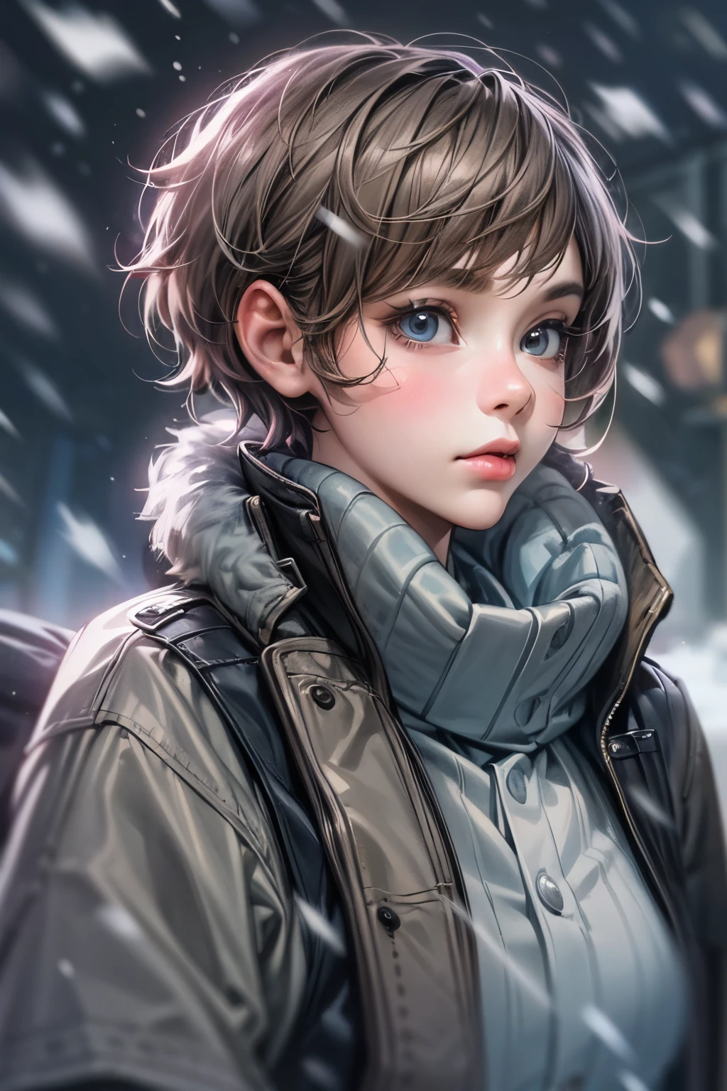 masterpiece, Best Quality, ultra-detailed, Solo, Woman, super fine illustration, realistic, short hair, rough hairstyle, Beautiful eyes, cool Woman, winter outfit, no background, Cool performance lights,