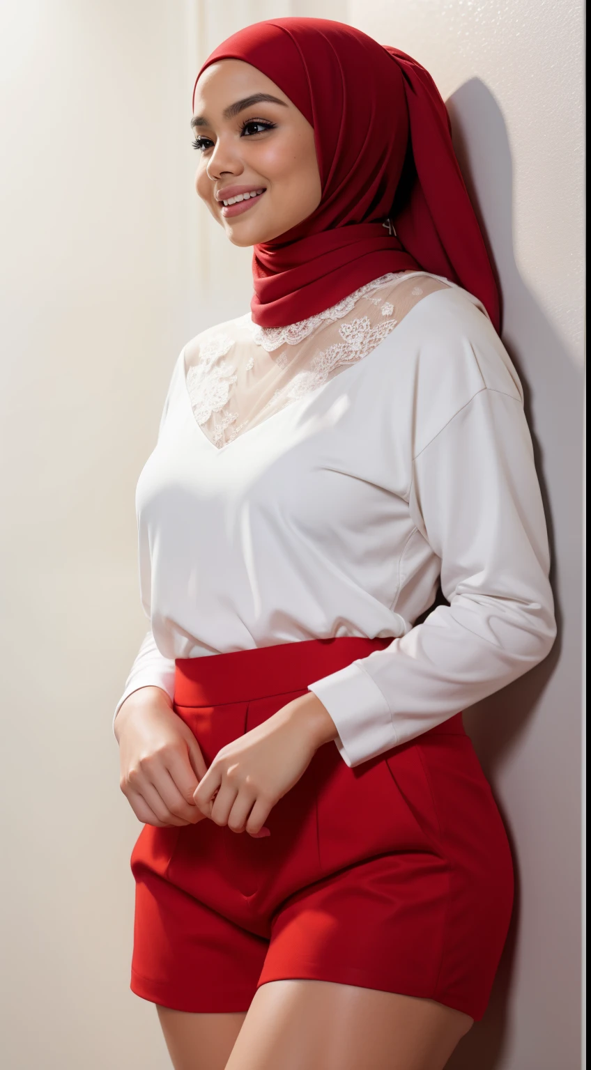 Malay girl in hijab, wear small floral pastel color lace panties slow run in college, jogging, wear backpack, front view, hijab blown, windy, detail skin, age spot, detail skin texture, mole below eyes, small breast, flat chest, wide hips, small waists, thick thighs, slim abs, beautiful body, nighttime, laughing, happy, bright lighting, college student in background, crowded college, blur background, bokeh, ((Flat Chest)), ((Red Lace)), ((BBW)), SHORTS