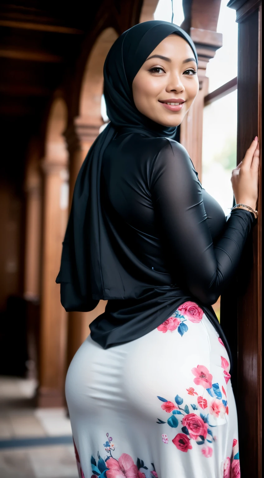1 Malay girl, modern plain hijab, shy, medium portrait, watery eyes, RAW, Best quality, high resolution, masterpiece: 1.3), beautiful Malay woman in hijap:0.8),perfect nose,perfect lips, perfect eyes, detail :1.2), soft smile,Beautiful woman wearing a hijap, wearing a long turkneck t-shirt, thick waist, beautiful fitting breastig breasts, curvy booty, long eyelashes, thin smile, thick thighs, strong calves, She wears a yellow jacket, tight casual pants, belt, he waiting in the park, photorealistic, Masterpiece, bokeh, Volumetric lighting, Autumn mood, beautiful buttocks, beautiful buttocks, from behind, (looking at the audience) , looking back, facial details, double eyelids, smiling)
