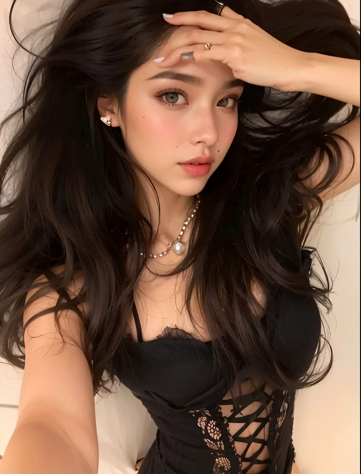 um close up de uma mulher em um espartilho preto posando para uma foto, com cabelos longos e olhos penetrantes, soft devil queen Cerveja Madison, 18 anos, Cerveja Madison, cabelos pretos e olhos grandes, 19-year-old girl, large eyes and flowing long hair, Cerveja Madison girl portrait, com longos cabelos escuros, cabelo escuro maravilhoso