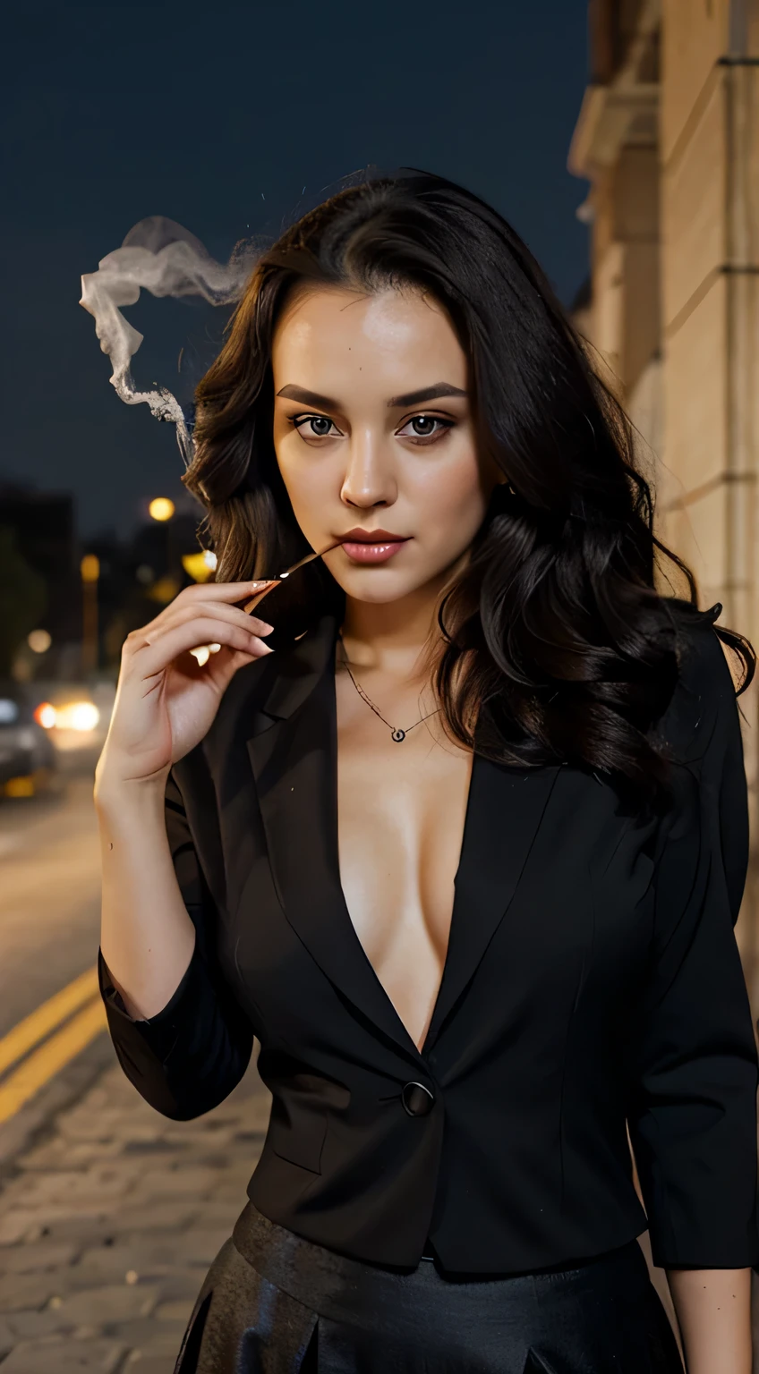 Romanian beautiful woman ,man, short pug nose, slant eyes, large forehead, double eyelids,( girl holds a smoking cigarette:1.1), wearing black business suit with skirt, thick wavy mane of hair, square jaw, wide chin