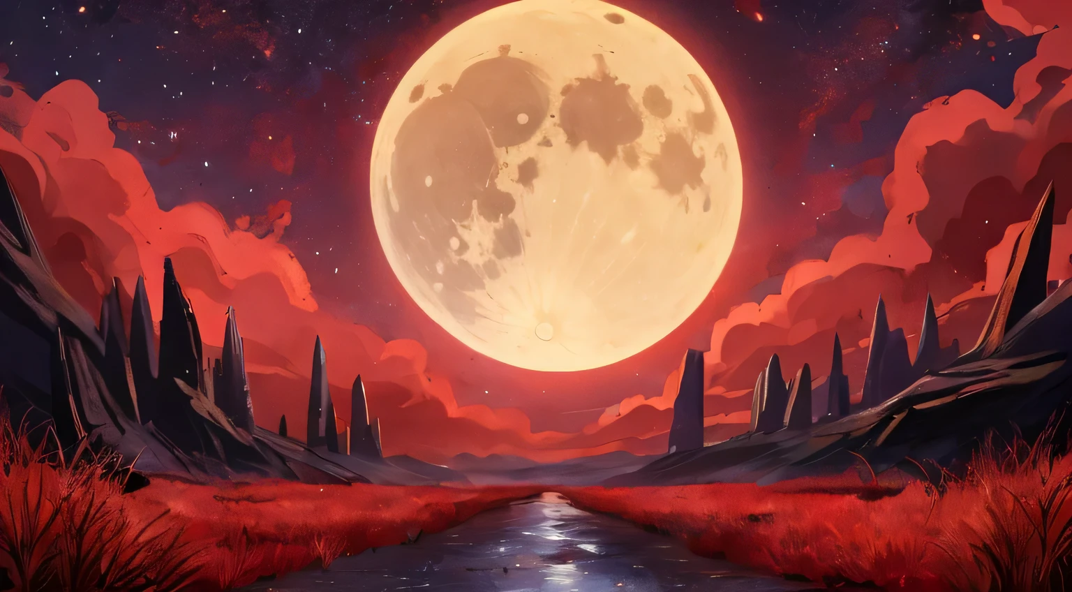 de fondo donde hay una hierba roja en llamas rojas y negras y al fondo se puede ver una tormenta roja, where you can see a crimson red color in the sky with a dark moon, where there are purple particles everywhere