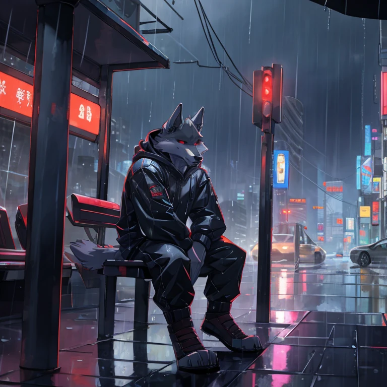 Death, anthro grey wolf, hooded, sitting alone in a bus stop, raining, cyberpunk, night, highly detailed, red eyes,