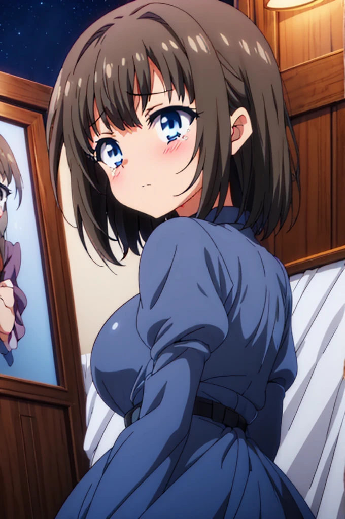 1girl, skinny, big breast, short brown hair, bangs, blue eyes, white nightgown, (tears, blushes), night, bedroom, ((half body))