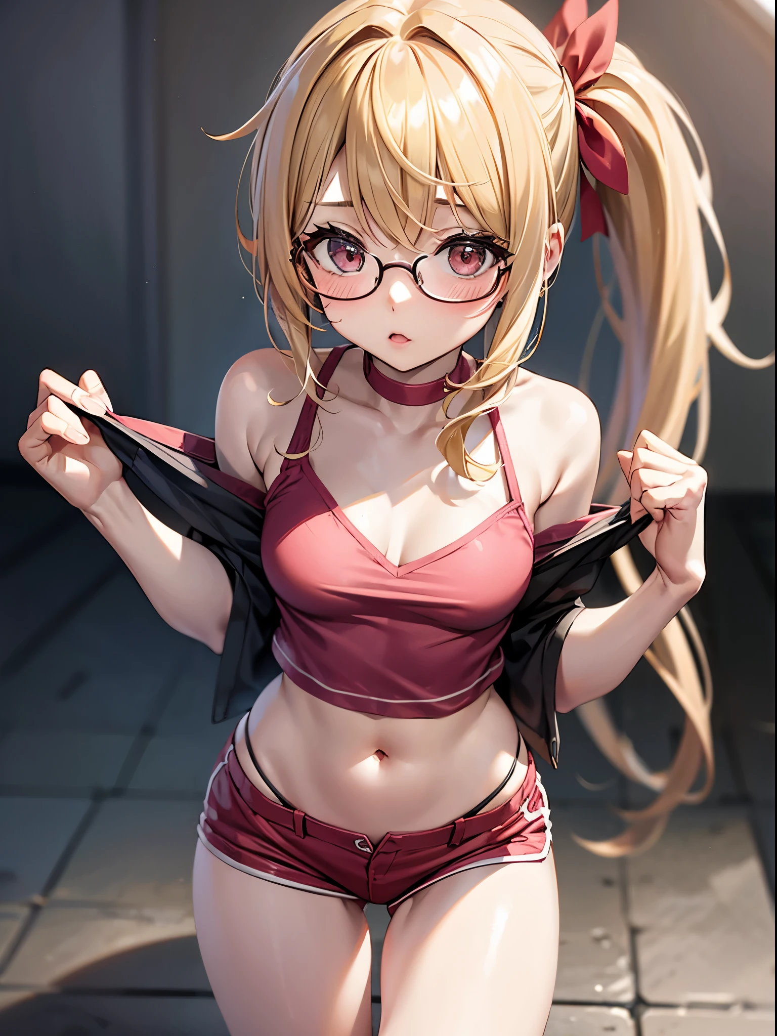 in public, boring, bangs, loli body,  girl, blonde hair tied in a side ponytail, sensual cleavage, red blouse, round breasts, ass facing the viewer, back to the screen, micro shorts 1.4, Ultra HD, 4k image, glasses, character near the camera, tight shorts, V panties, sensual panties, low waist panties, short miniskirt 1.3, view from above, camera from above