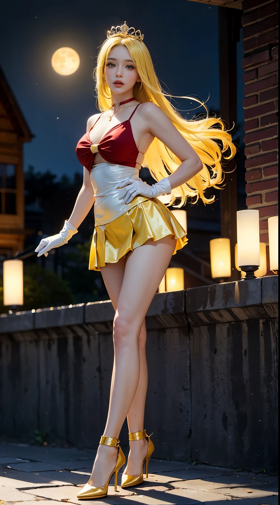 ((​masterpiece:1.4)、(top-quality:1.4)、(reallistic:1.7))、masuter piece:1.4、a beauty girl、(a beauty girl戦士セーラームーン:1.4)、a moon野うさぎ、Body Fit ???? Sailor Senshi Uniform、(latex shiny)、(The jacket is a white sleeveless sailor suit...)、(Skirt Blue ???? Ultra Ultra Pleated Mini Skirt)、There are two thin blue lines on the collar of the sailor uniform..........、high leg swimsuit、Red cloth ornament at ?????、(Wearing white gloves)、Kawaii Girl、Super beauty、foco nítido、Portrait photos、(Perfect female body:1.4)、perfectly proportions、Upper body photography:1.4、美丽的面容、beautidful eyes、Narrow waist、beauty legs、(yellow  hair:1.4)、(length hair:1.2)、Beautiful udder、large full ???????:1.2、???? ???、Raw photo、red-lips、Red high heels:1.4、a choker:1.4、a necklace:1.4、耳环:1.4、Luxurious Golden Tiara:1.4、1 screen display、a moon、kosmos、kosmos船、kosmosステーション、City of the Future
