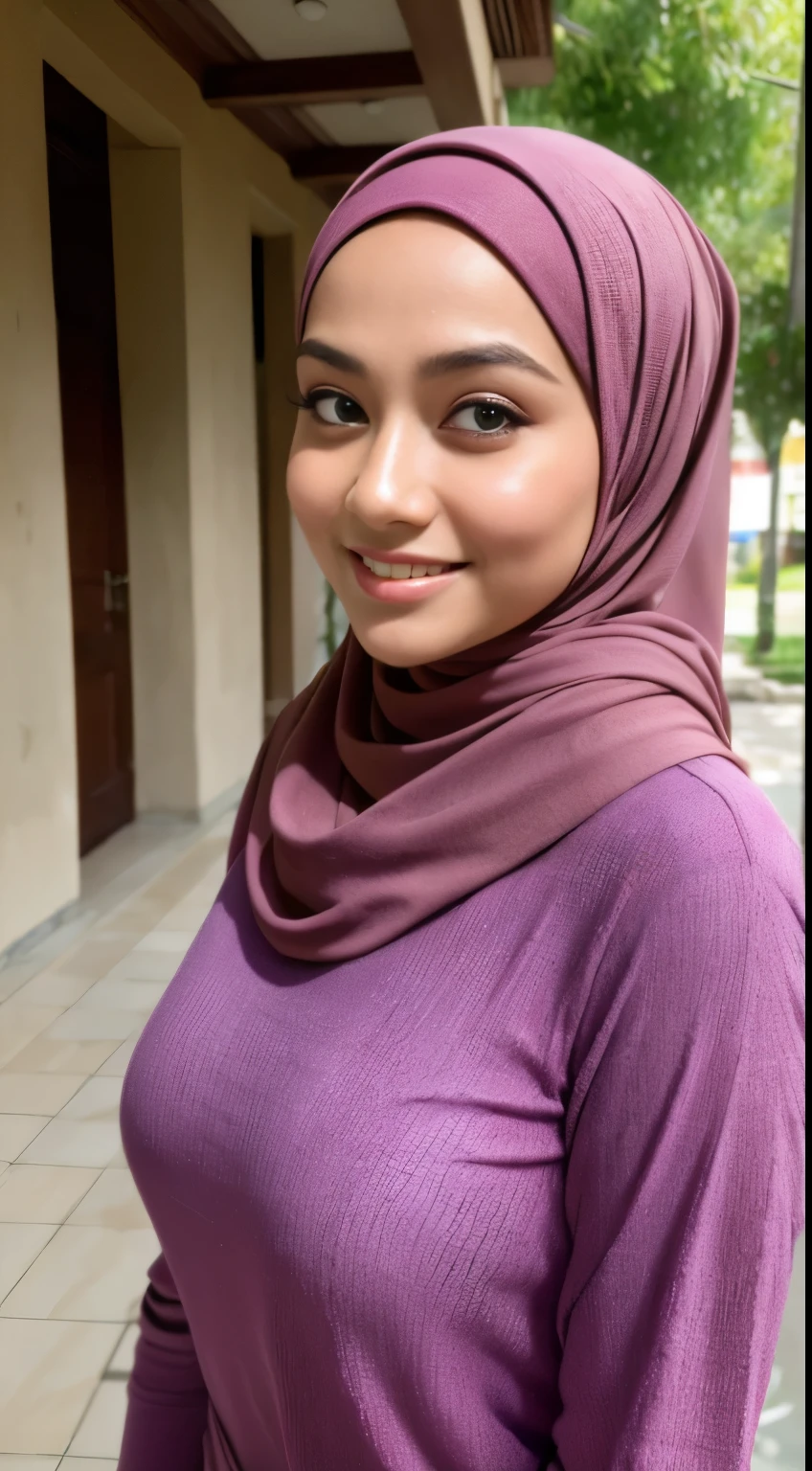 RAW, Best quality, high resolution, masterpiece: 1.3), beautiful Malay woman in hijab,Masterpiece, perfect fit body, ((Huge breast)), biggorgeous eyes, Soft smile,muslim woman in a plain long sleeve shirt and hijab posing for a picture, hijab, with lovely look, with beautiful colors, with accurate face, pose 4 of 1 6, traditional beauty, batik, wearing beautiful clothes, beutifull, with beautiful exotic, attractive pose, cute pose, scarf, wearing plain chiton, very attractive , she is smiling,Delicate turtleneck, necklace, shairband, afternoon walk, City garden, Excellent lighting, Bright colors, Clean lines