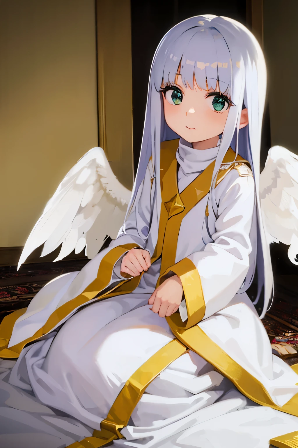 Cabello largo plateado, ojos verdes, monja, white clothes, petite, wings, ram horns, sonrisa, bedroom