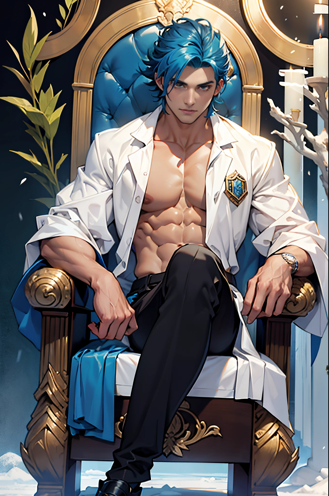 Un rey sentado sobre un trono de hielo, (piel palida), Pelo blanco con mechones azules, pelo corto, atletic body, ((hombre joven)), sin Camisa,(( sin vello facial)), alluring facial expression, Luz ambiental fria, Obra maestra , Perfect anatomy, color perfecto todo el cuerpo), Detallado,Sin zapatos.