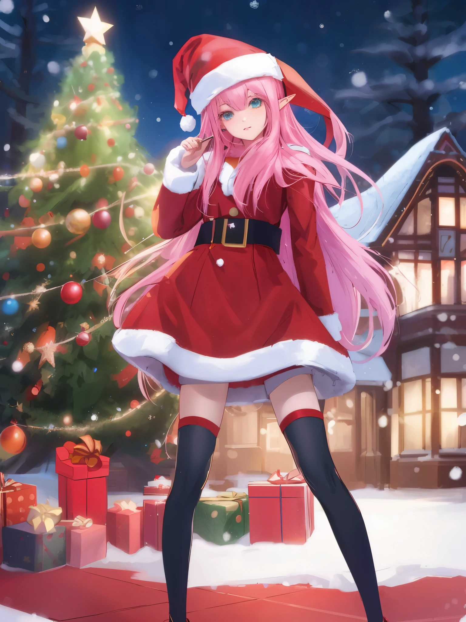 "anime girl, 1 person, pink hair, pink cat ears, pink eyes, santa hat, santa shirt, red dress, stockings, big breasts, solo, standing cross-legged, falling snow, Christmas gift box, (full HD 4K+ image)" front view