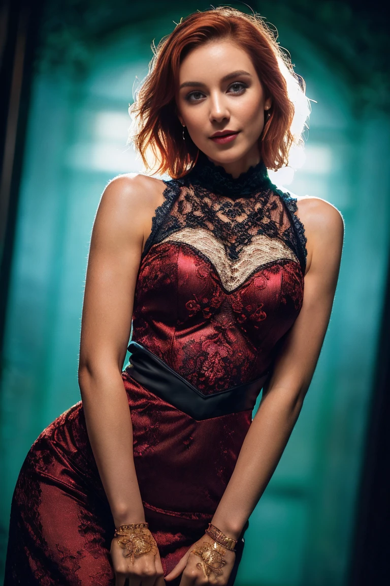 Masterpiece, (full figure) entire body in frame, (((beautiful Irish woman))), fit athletic body, ((broad shoulders)), perfect proportions, smiling, modeling in dark ally way, (((high detail lace elaborate elegant intricate outfit))), (((short redhead hair))), blue hour, cool colours, very detailed, dramatic lighting, digital art trending on Artstation, 8k, high definition, detailed, realistic, detailed skin texture, realistic skin texture, best quality, ultra high res, (photorealistic:1.4), raw photo, sharp focus, nikon d850 film stock photograph, dramatic lighting, (((accurate female anatomy, perfect eyes))) (((500px, fstoppers, photosight.ru, metart, femjoy)))