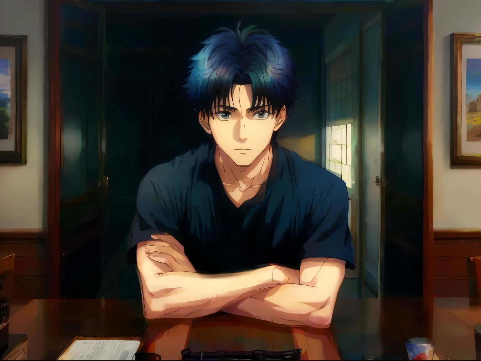 Anime guy sitting at a table with his arms crossed, made with anime painter studio, painted in anime painter studio, realistic anime style, kentaro miura art style, Kentaro Miura's manga art style, Manga style by Kentaro Miura, in anime style, in anime style, Anime handsome, realistic anime 3 d style, anime realism style