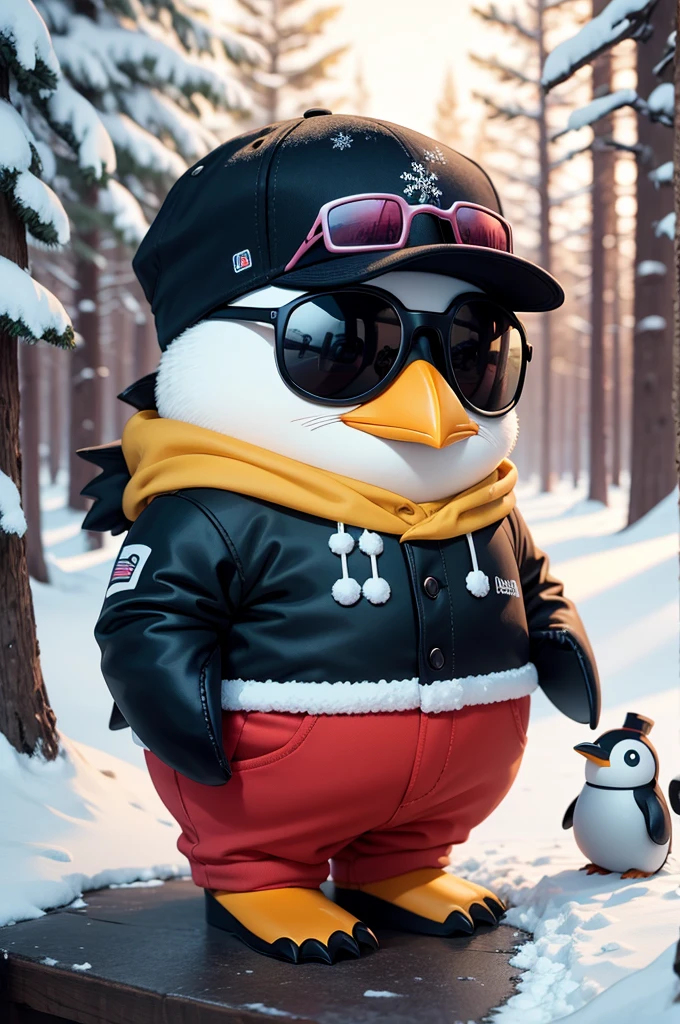 Create a vibrant cute penguin in a baseball cap and sunglasses minimalistic cartoon style, in the background a beautiful snowy forest, surrounded by presents