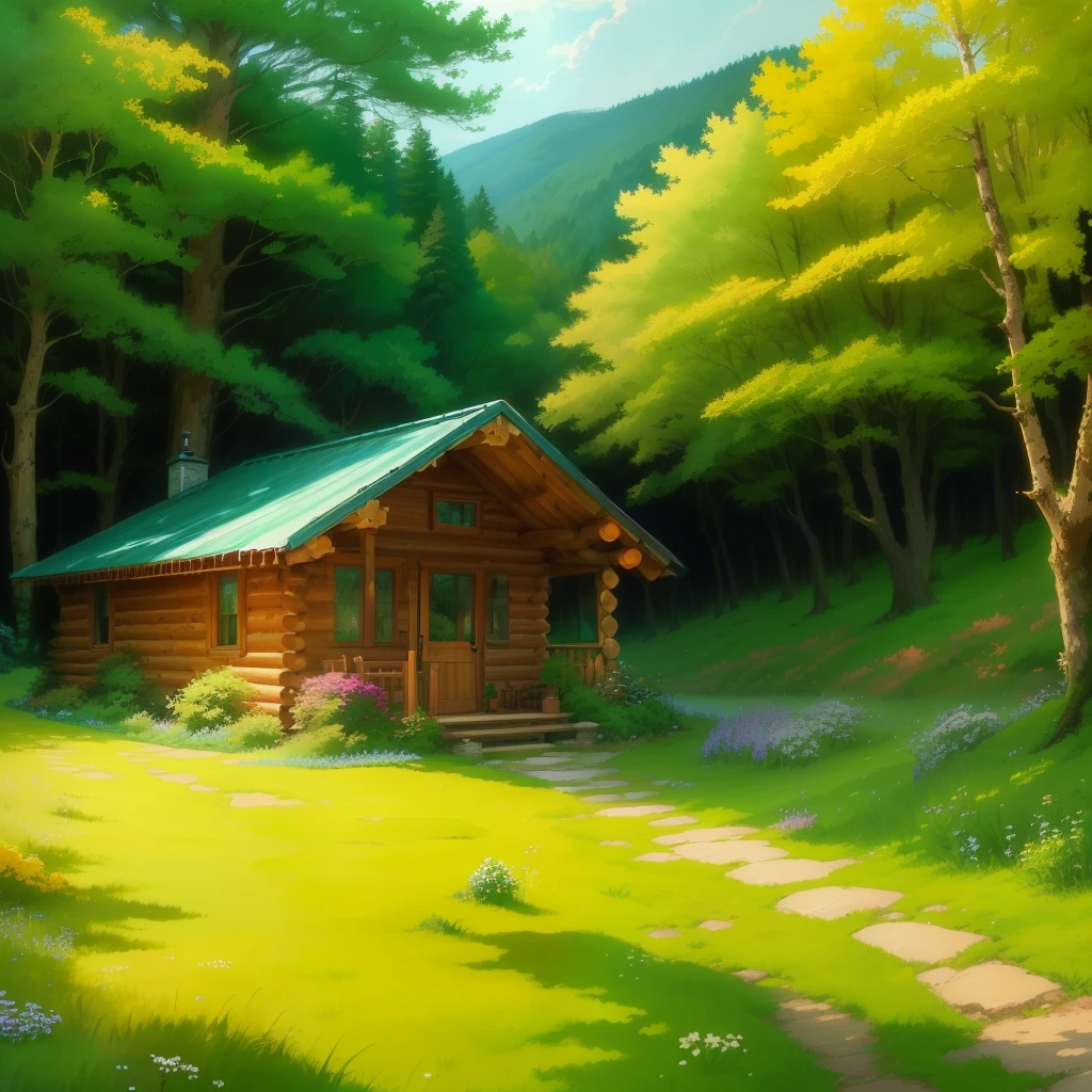 painting of a cabin in the woods with a path leading to it, beautiful house on a forest path, cottage in the forest, anime countryside landscape, the small house in the forest, anime background art, painted in anime painter studio, cottage in the woods, beautiful anime scenery, house in forest, witch cottage in the forest, anime beautiful peace scene