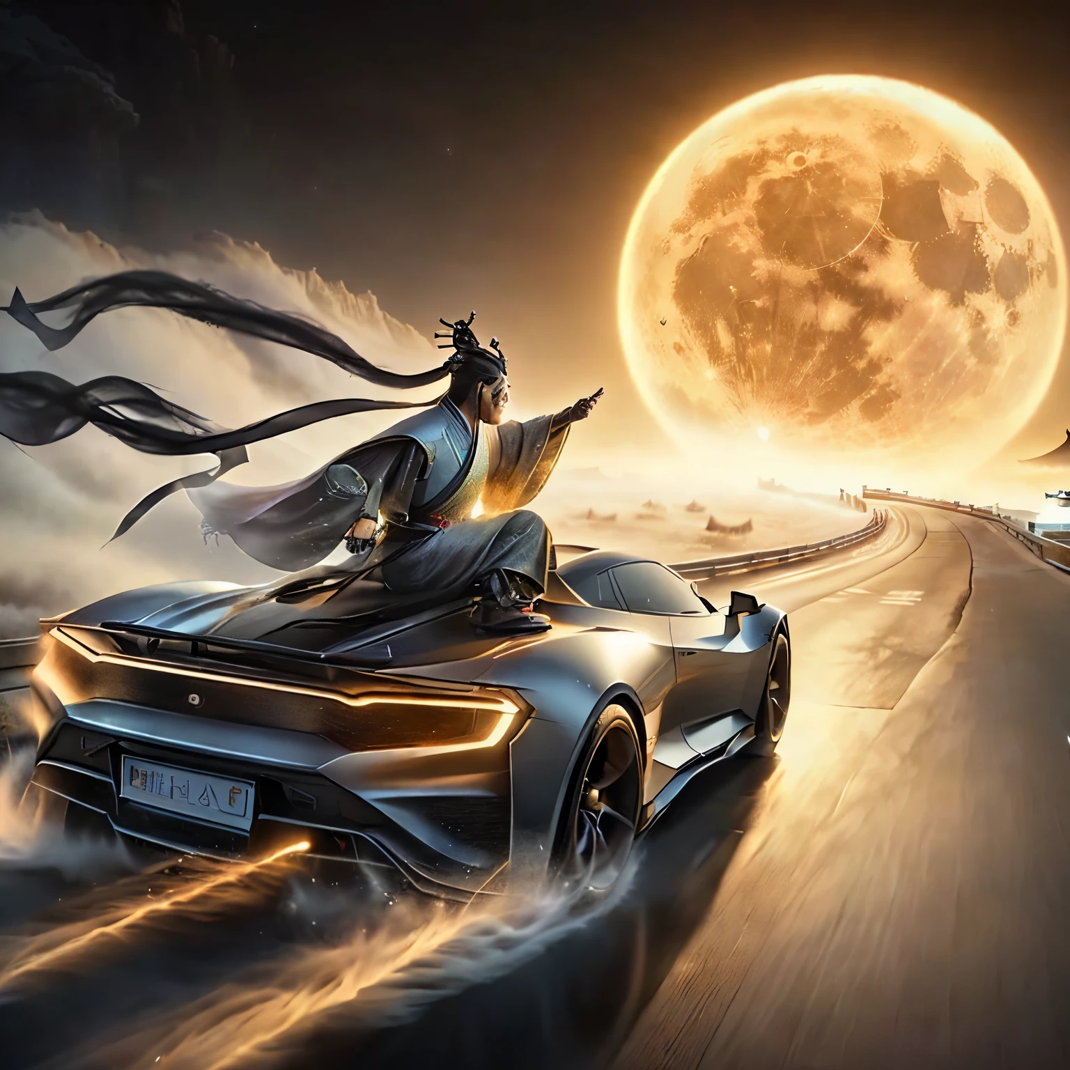 Close-up of a man in Hanfu riding a bicycle on the road，The background is the full moon, author：Stunning art work by Yang k, Digital fantasy art ), trending Digital fantasy art, 4K fantasy art, 8k fantasy art, by Qu Leilei, epic fantasy sci fi illustration, anime art vehicle concept art, Epic fantasy art style HD，Hanfu˙，Supercar，Rush to the moon，full moon，Technologie