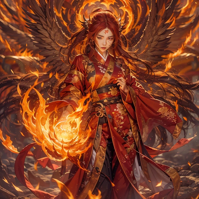 1girll，Flame mage dressed in fiery red（Chinese Hanfu），The robe was embroidered with intricate runes and ornamentudes a burning breath。He was tall and strong，Hands up，Powerful fire spells are being unleashed。His eyes were firm and sharp，A flash of fire flashed in his eyeehind the Flame Mage，（A huge flame phoenix spread its wings and flew：1.2），（The feathers of the phoenix burned with roaring flames），It shines brightly，Its body is surrounded by flamelame feathers danced，Form a spectacular flaming six-pointed star array pattern，Full of mysterious magic，The whole scene is full of fiery aura and passion for fighting，Large areas of flame spells bloomed in the air，A brilliant arc of flame and flying sparks formed，（Flame Mage and Phoenix），It appears majestic and mysterious in the midst of raging fires，Like the embodiment of fire and magic，red hair，high detal，ultra-realistic realism，Verism，（（Bust photo）），（real photograph：1.4），（lightand shade contrast），cinmatic lighting，Realistic special effects，c4d渲染，rendering by octane，Ray traching，in a panoramic view，angle of view，textureskin，super detailing，hyper HD，tmasterpiece，anatomy correct，best qualtiy，A high resolution，8K